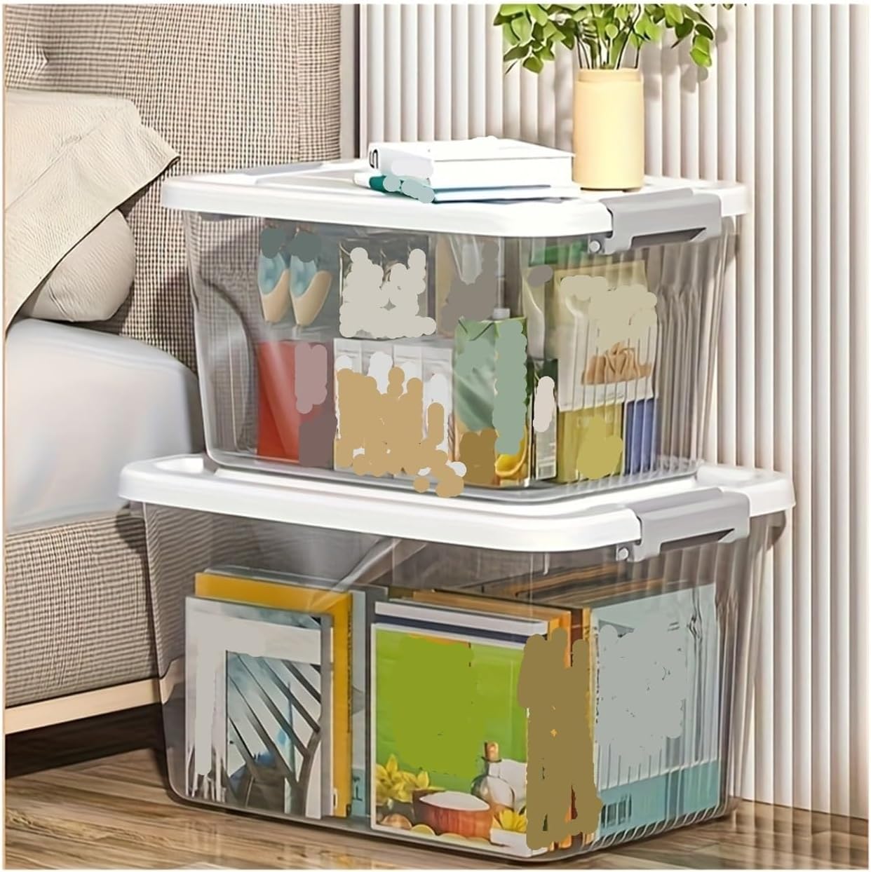 Set of 3 Transparent Plastic Storage Bins with Wheels - Extra-Large Stackable clear Containers Featuring Hidden Caster Wheels And Handles, Under-Bed Storage for Closets(Large-black)