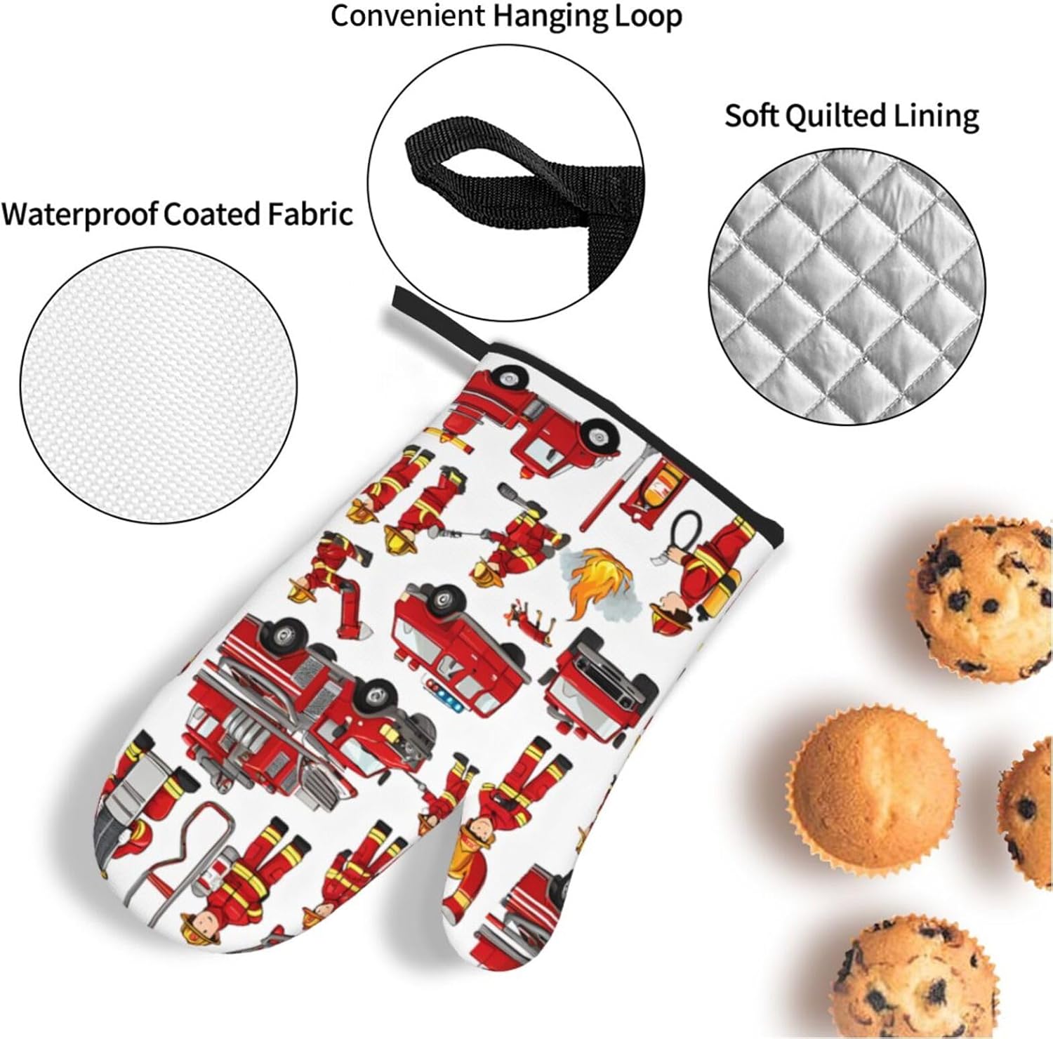 (Little Boys and Girls in Firefighters) Baking 4-Piece Set: 2 Oven Mitts and 2 Pot Holders Heat Resistant Waterproof Hanging Loop for Kitchen Oven Grill Housewarming Gifts