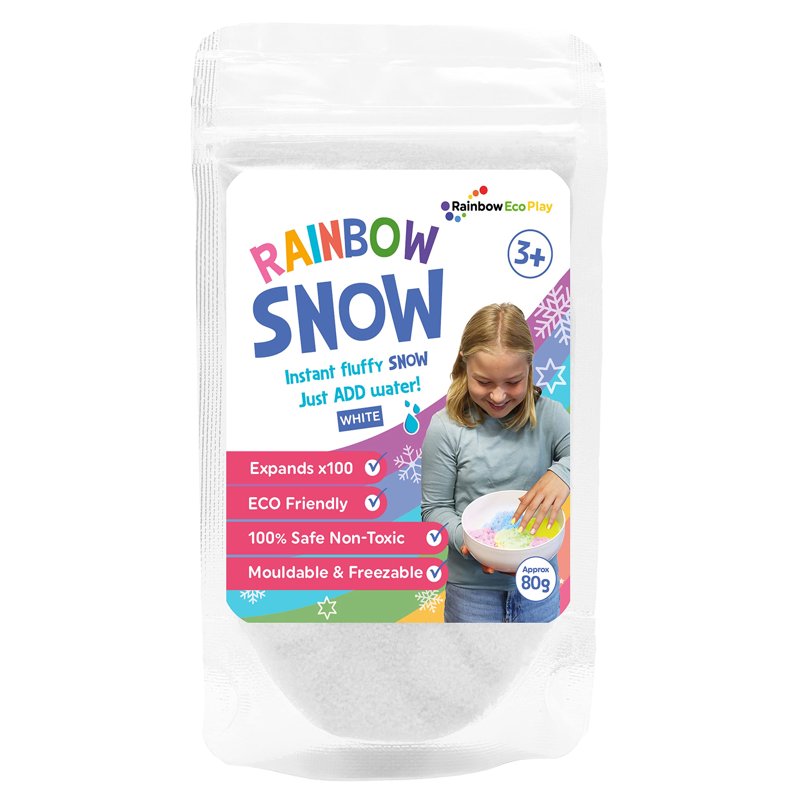 Rainbow Eco Play - Rainbow Snow Pouches - Instant Fluffy Snow - White - 80g - Fake Snow - Instant Snow - Artificial Snow for Crafts - Expanding Snow - Instant Snow Powder - Play Snow - Eco-Friendly