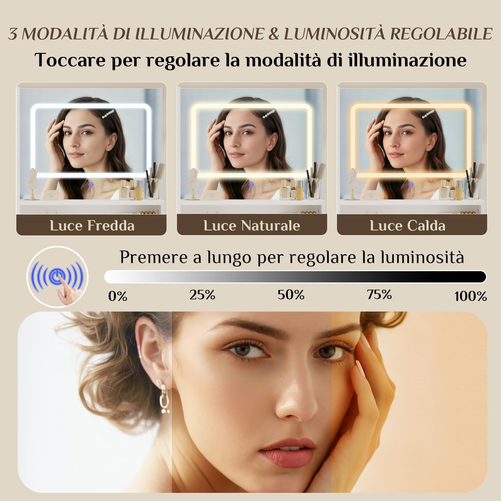 Devoko Toeletta Trucco con Specchio, Luci LED Regolabili, Ripiani Regolabili con 2 Cassetti，Postazione Trucco,Tavolo da Toilette Moderno in Legno Bianco