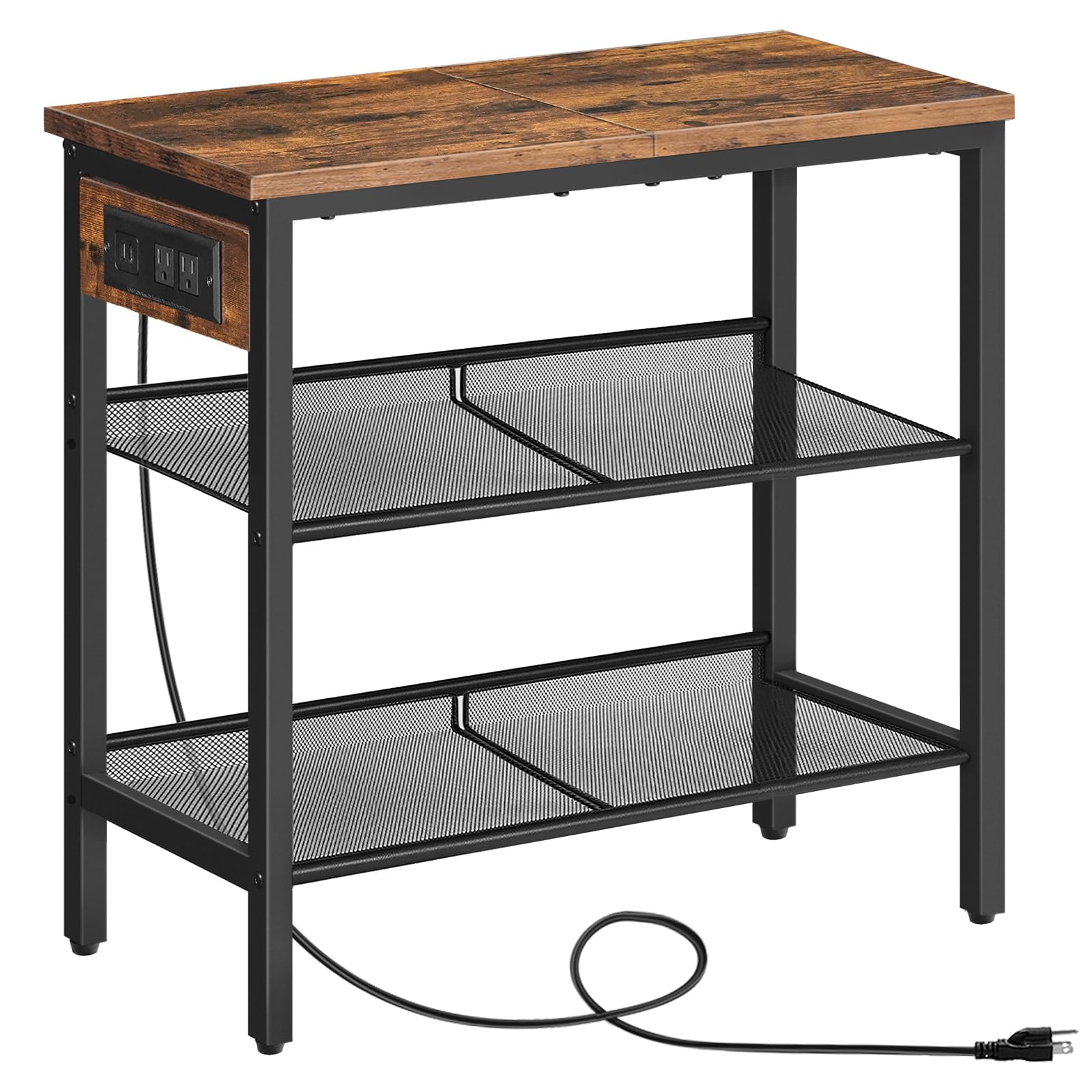 HOOBRO End Table 3-Tier Narrow Side Table with Charging Station Nightstand with 2 Flat or Slant Adjustable Shelves