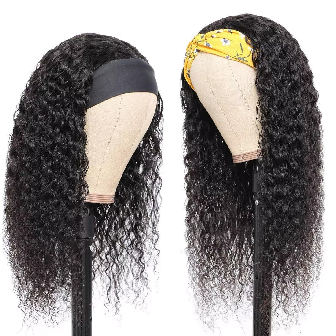 Headband Human Hair Wigs for Black Women 16 Inch Curly Wig Glueless Wigs with Band Brazilian Virgin Wear and Go Water Wave Half Wig No Lace Front Hair - Image 3