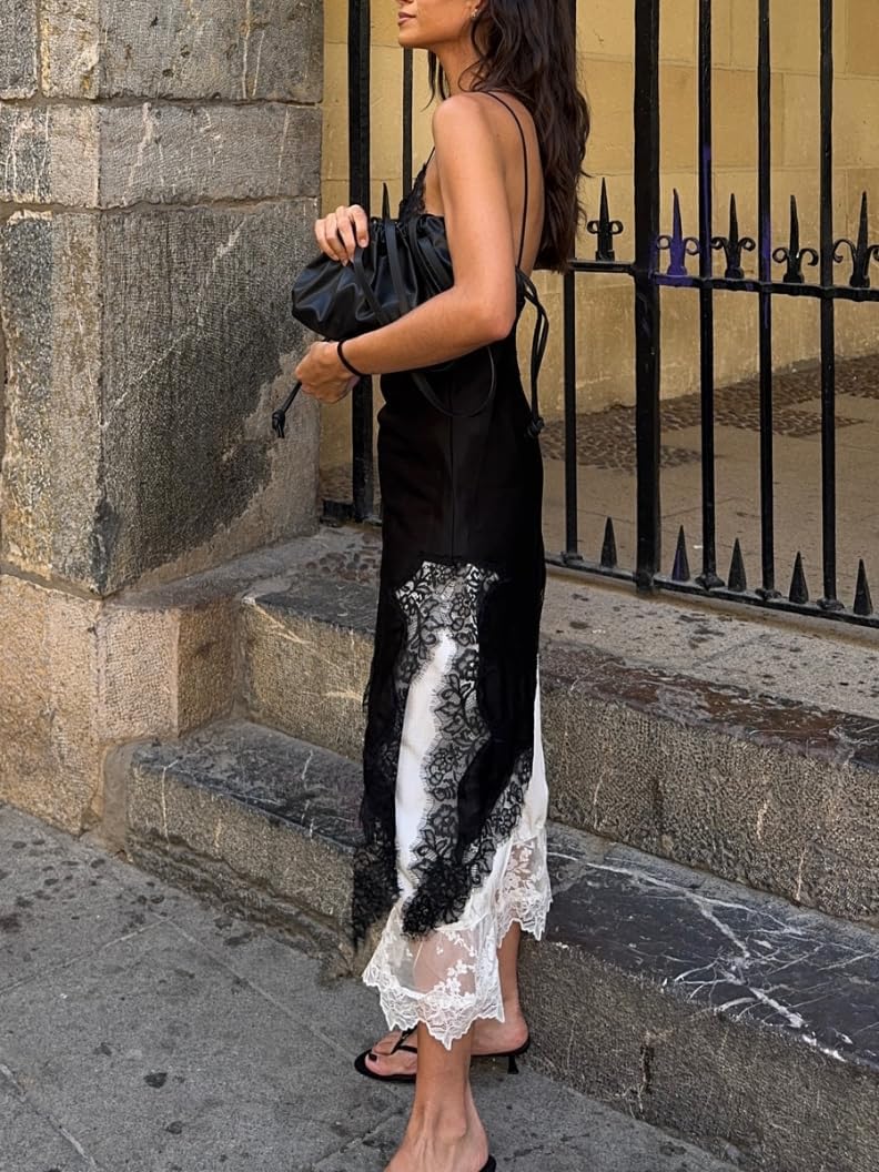 Silk Lace Trim Camisole Tops for Women Satin Layering Asymmetrical Tops Lace Patchwork Cami Tank Slip Dress - Image 4