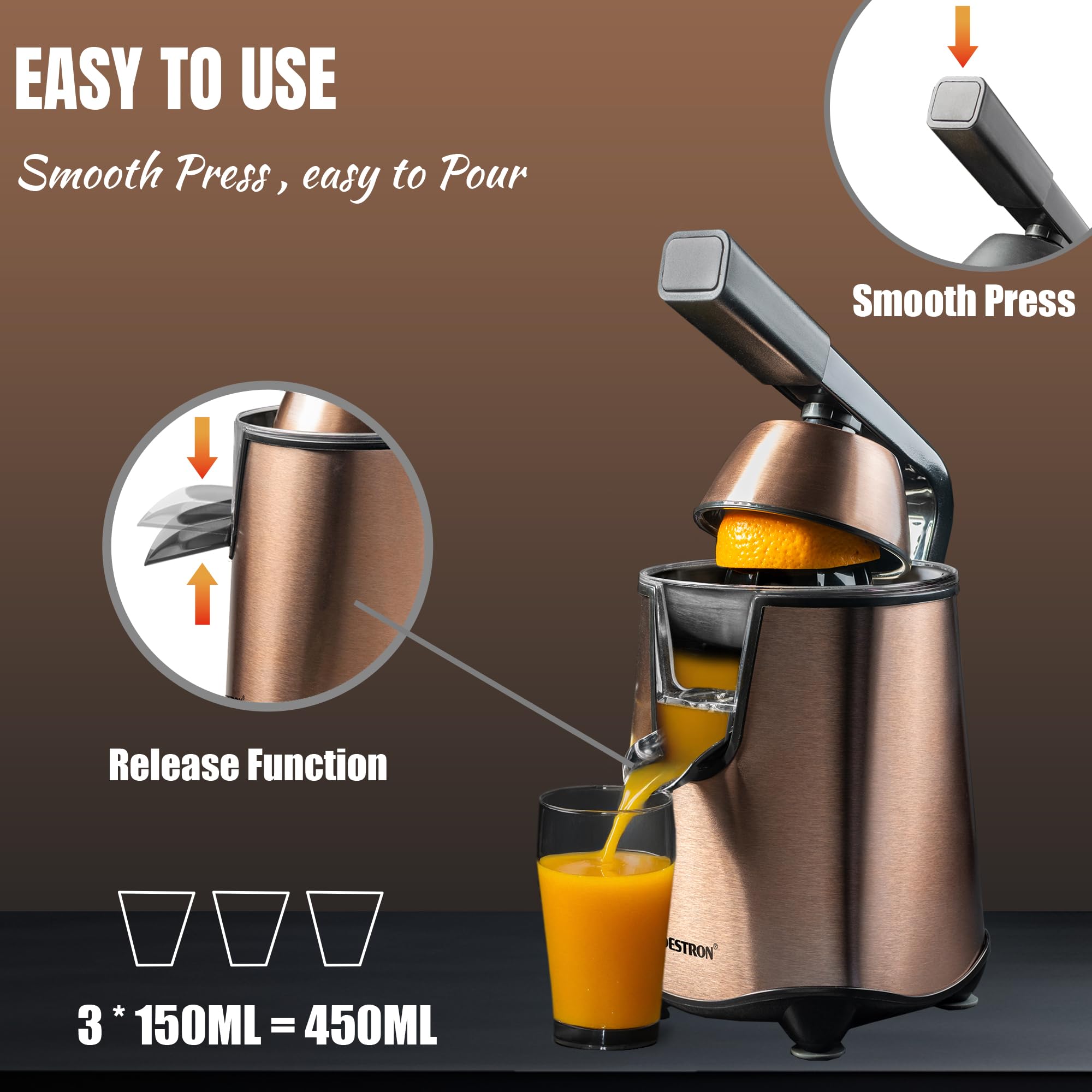 Bestron elektrische Saftpresse, Orangenpresse mit Auslauf-Stopp Funktion & edelstahl Fruchtfleischsieb, inkl. 2 Presskegel, 450ml Kapazität, Soft-Press Hebel für einfache Bedienung, Farbe: Kupfer