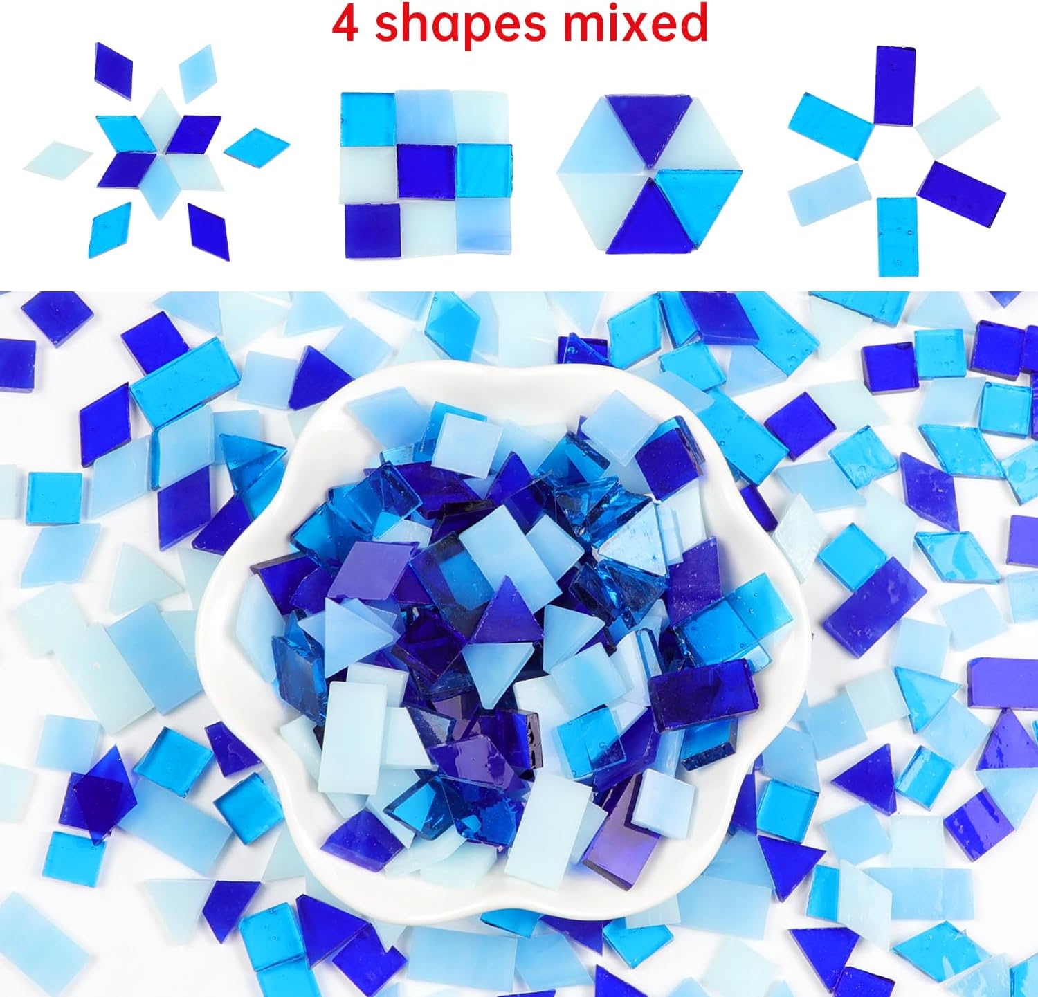 Mosaic Tile Stained Glass 4 Mixed Shapes Mosaics Tiles Pieces for DIY Crafts Suppliers, Tiffany Lamps Candles Photo Frame (Blue)