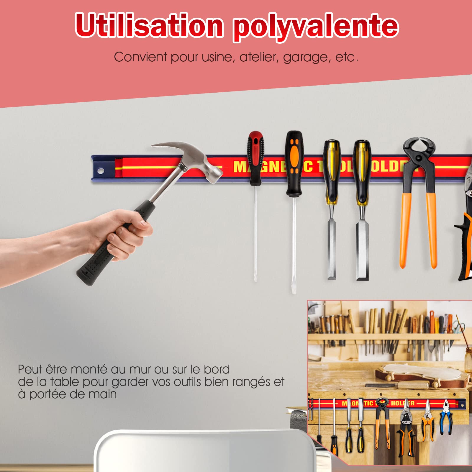 GYMAX Lot de 6 Barres Magnétiques 46 CM Capacité de Charge de 10 KG pour Outils, Porte-Outils Mural en Ferrite, Baguette Aimantée pour Outils, Convient pour Cuisine, Garage, Atelier