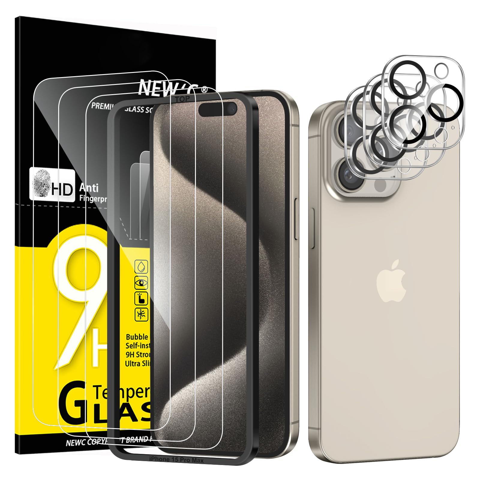 NEW'C for iPhone 15 Pro Max Screen Protector + Camera Lens Protector