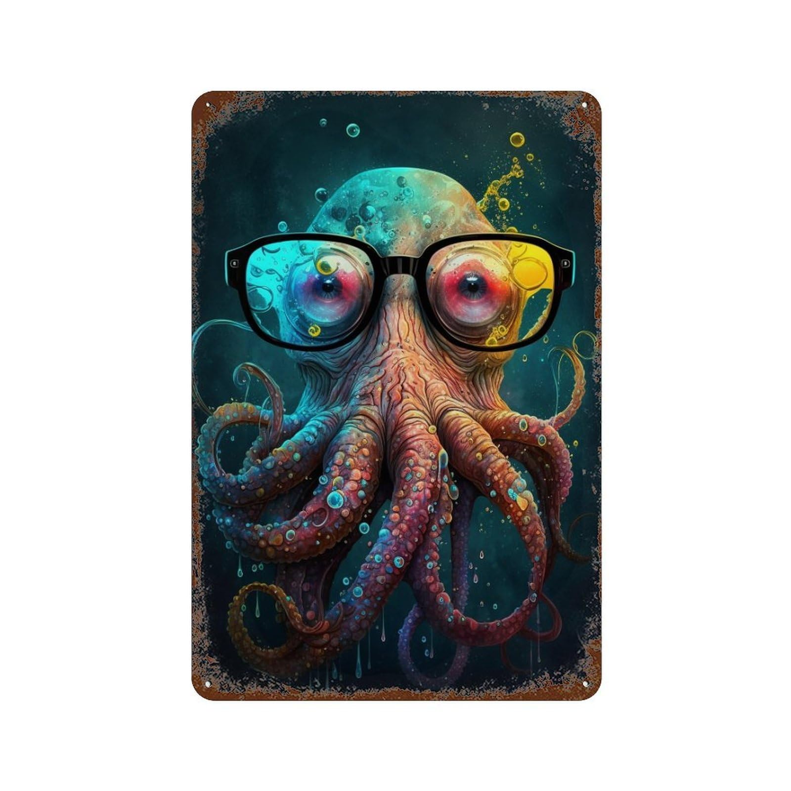 Colorful Octopus Art Print-14 Rust Effect Tin Sign 11.8"x7.9", Farmhouse Wall Decor for Living Room, Hallway And Home Decor