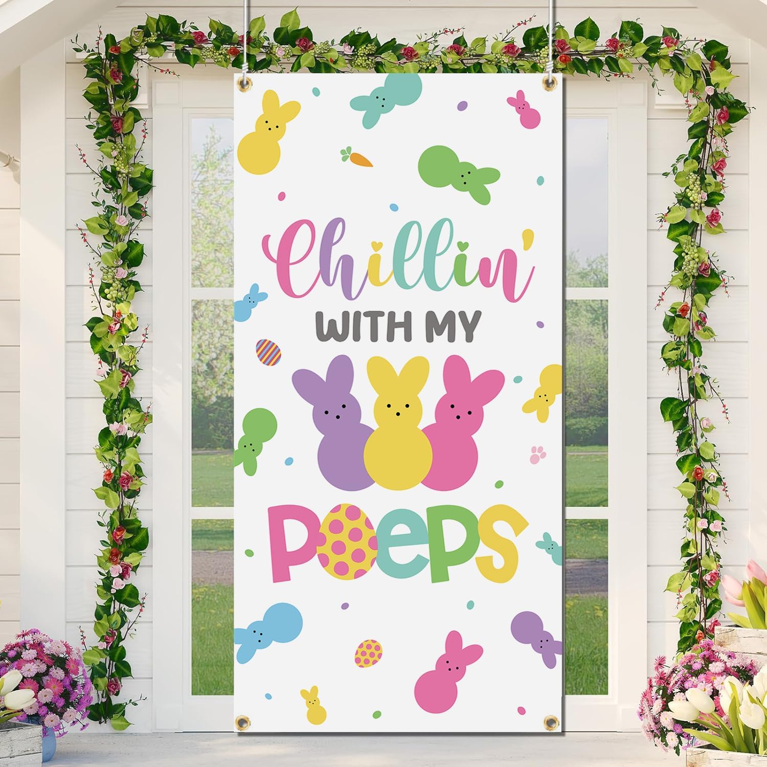 Easter Door Cover, Happy Easter Bunny Door Decorations Chillin With My Bunny Egg Hanger Easter Front Door Banner Welcome Door Porch Sign Party Supplies