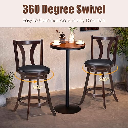 Miniatura 4 de COSTWAY Juego de 2 taburetes de bar, taburetes giratorios de 360 grados con asiento acolchado de cuero, respaldo de un solo listón y patas de madera