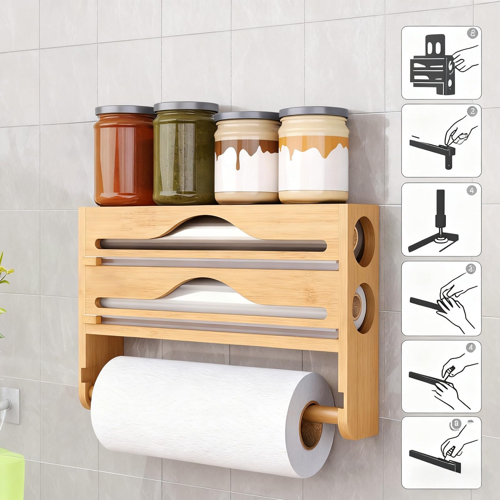 Küchenrollenhalter ohne Bohren – 2-in-1 Bambus Folienabroller mit Papierhalter, Wandmontage, Rundöffnung 5cm, Abnehmbarer Halter für Küchenrolle, Folie & Aufbewahrung (Naturfarbe)