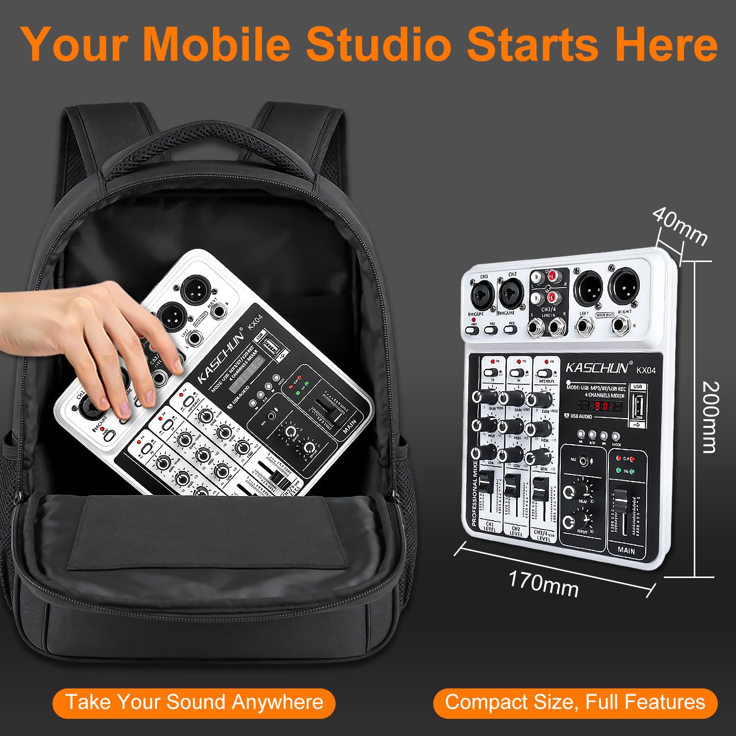 Professional DJ audio mixer, 4-channel DJ mixer, Bluetooth sound mixer, supports USB/MP3/BT computer input, 48V phantom power stereo studio audio mixer suitable for DJ studio streaming recording