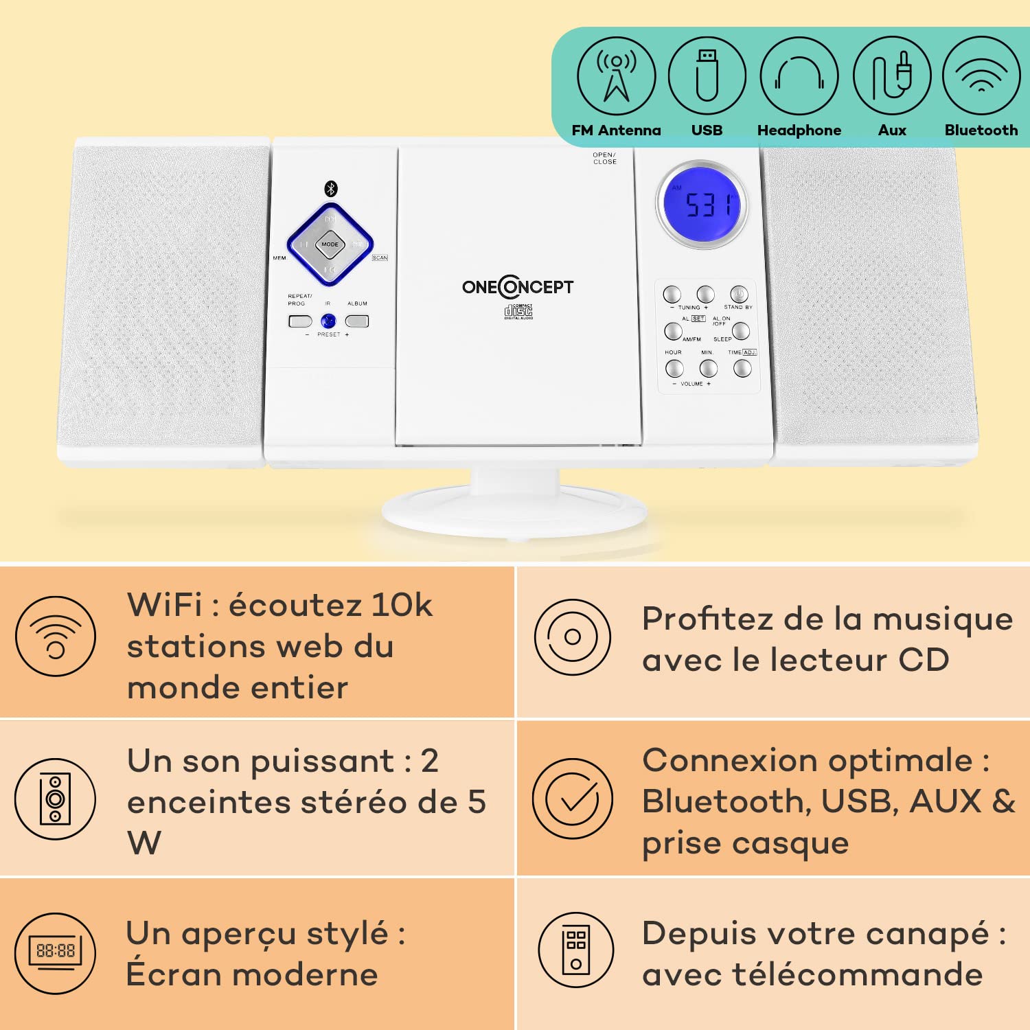 oneConcept Radio Portable CD Stéréo, Chaine Hifi, Poste Radio FM Streaming, Écran LCD, MP3, AUX, SD, Télécommande, Alarme Reveil, Lecteur CD Bluetooth, 2x Enceintes Mini Chaînes Hi-fi
