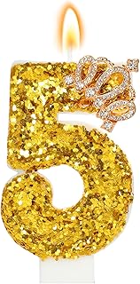 Gold Birthday Candle Crown Number 5 Candle with Sequins Cake Candles Cupcake Decorations Party Decor for Anniversary Celebrations Supplies