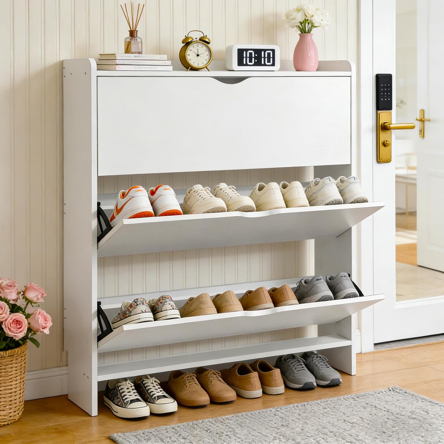 Shoe Storage Cabinet with 3 Flip Drawers, Slim Narrow Shoe Organizer Cabinet for Entryway, Freestanding Hidden Shoe Rack with Baseboard Design, Space-Saving Shoe Cupboard for Hallway and Foyer, White