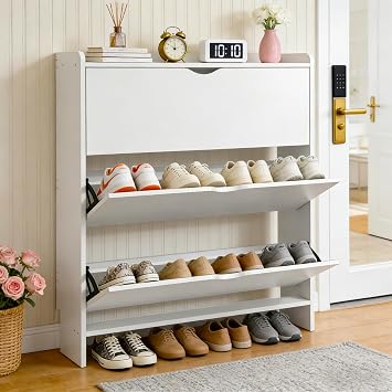 Shoe Cabinet with Baseboard Gap & 3 Flip Drawers, MDF Narrow Entryway Organizer Designed for Small Spaces, White Modern Freestanding