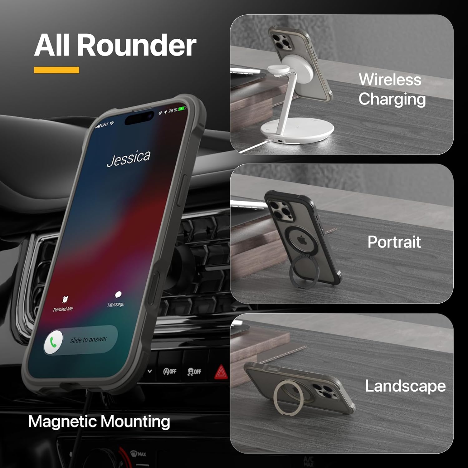 MAGEASY Designed for iPhone 16 Case with 360° Rotatable Stand - 20ft Ultimate Drop Protection, Compatible with MagSafe, Premium Vegan Leather Frame | Odyssey Stand M (Leather Black)