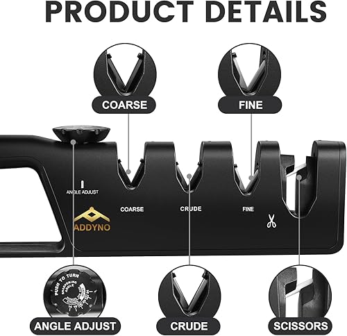 Miniatura 3 de Afilador de cuchillos 4 en 1 con guía de ángulo, borde ajustable, 3 etapas gruesas, afilar, fino + ranura para tijeras, base antideslizante y mango