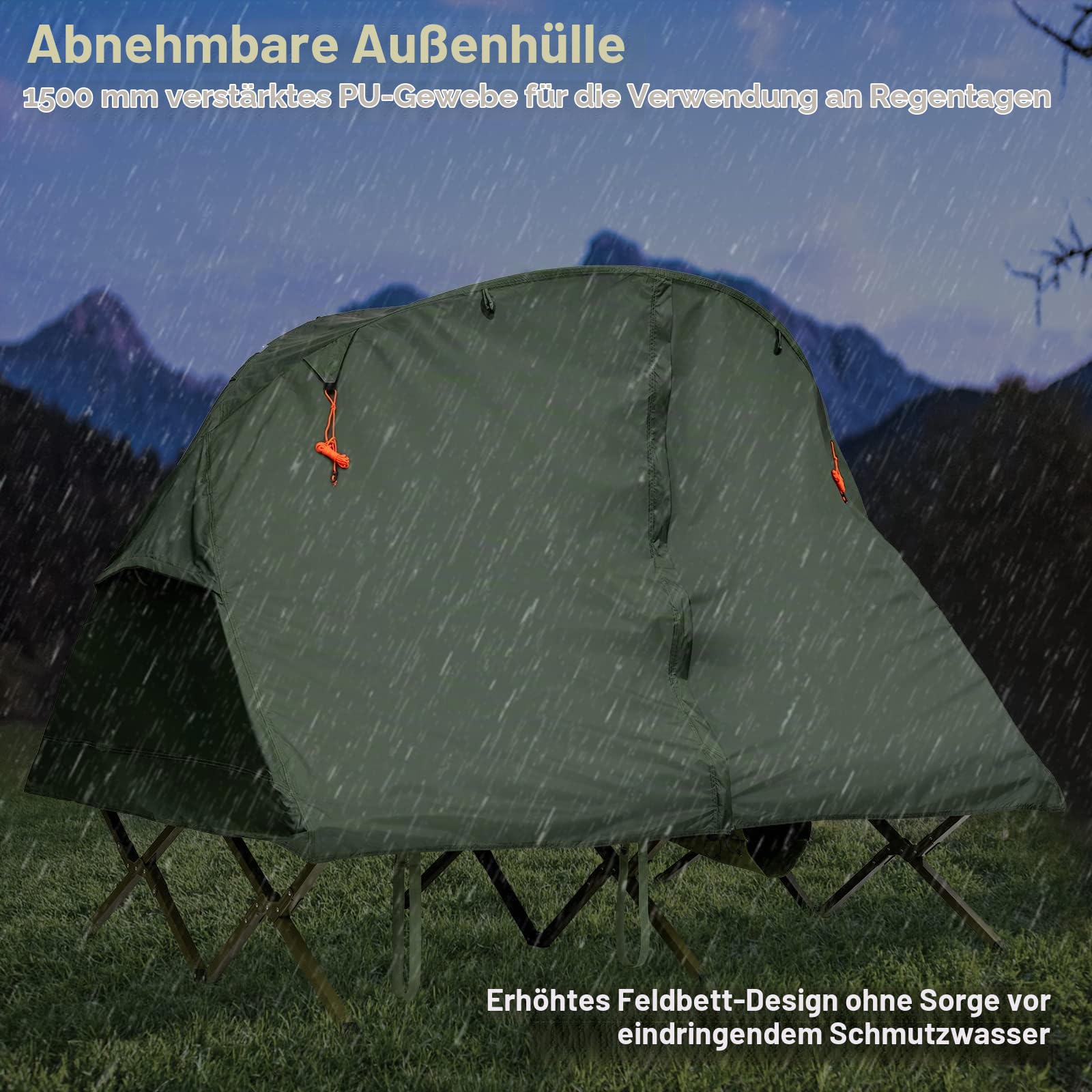HOMASIS 4 in 1 Campingzelt für 2 Personen, erhöhtes Doppelzelt mit Feldbett, Kuppelzelt mit aufblasbarer Matratze, wasserdichtes Zelt mit Regendecke & Tragetasche, 194 x 146 x 160 cm