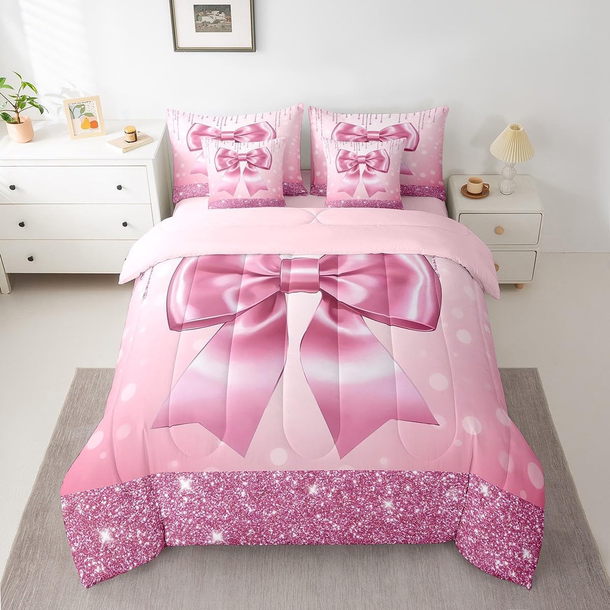 Erosebridal Kids Pink Bow 7 Pieces Bedding Set Queen Size Teen Girl Coquette Bow Comforter Set with Sheets Trendy Modern Fashion Preppy Bed in A Bag Gorgeous Glitter Bowknot Bed Sets