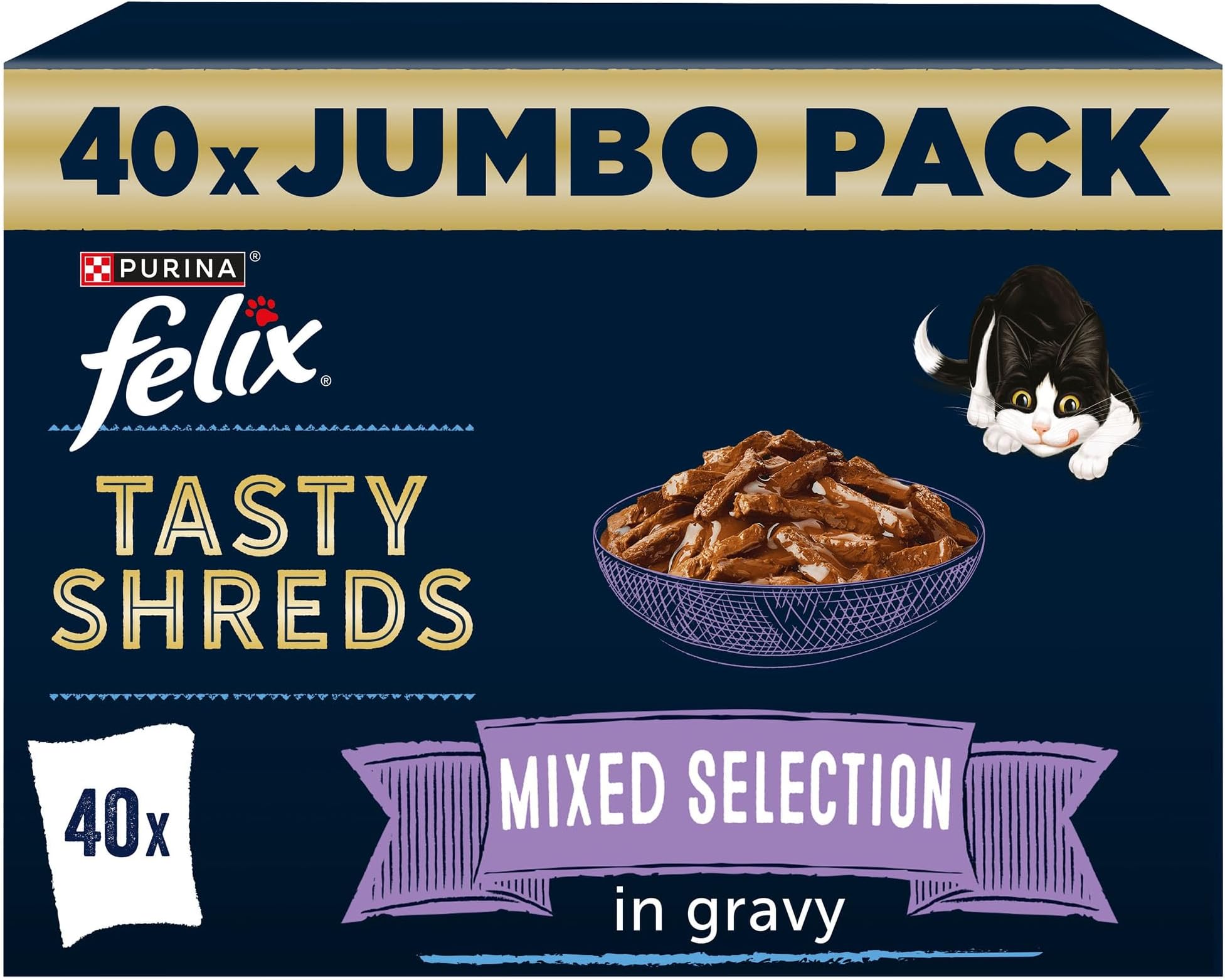 Tasty Shreds Adult Wet Cat Food Mixed Selection in Gravy Chicken, Beef, Tuna, Salmon 40 x 80g Pouches