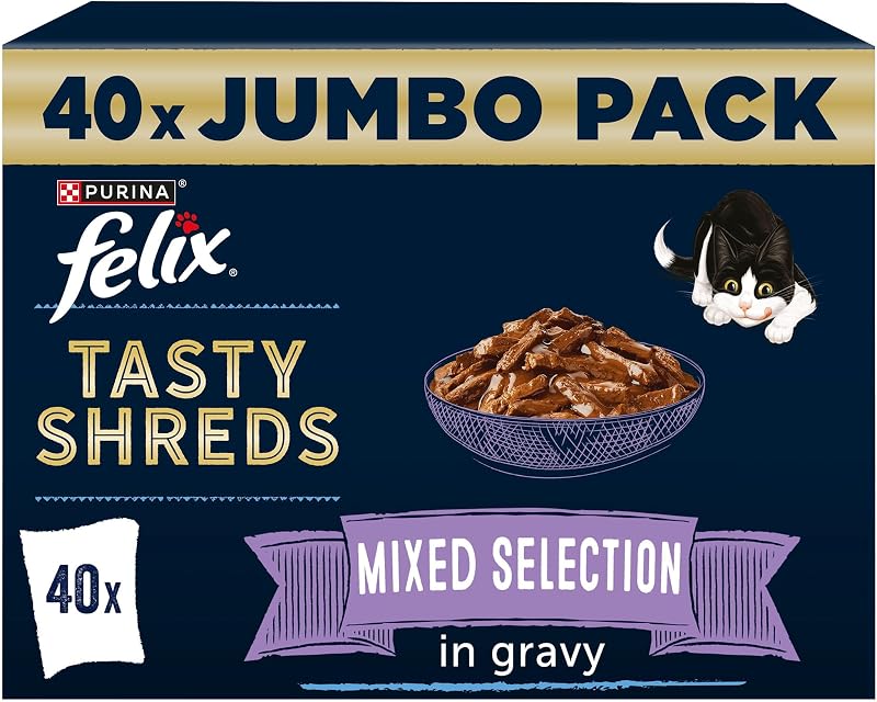 FELIX Tasty Shreds Adult Wet Cat Food Mixed Selection in Gravy Chicken, Beef, Tuna, Salmon 40 x 80g Pouches