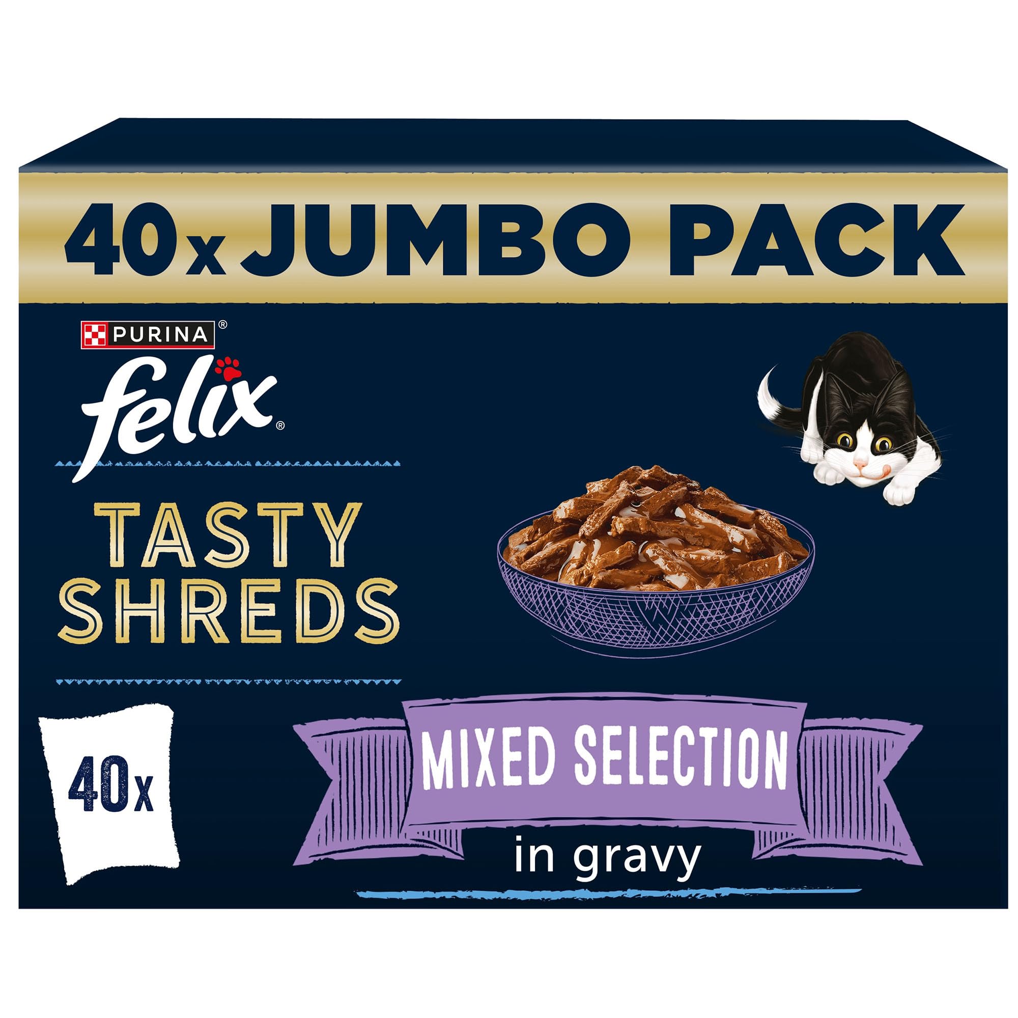 FELIX Tasty Shreds Adult Wet Cat Food Mixed Selection in Gravy Chicken, Beef, Tuna, Salmon 40 x 80g Pouches