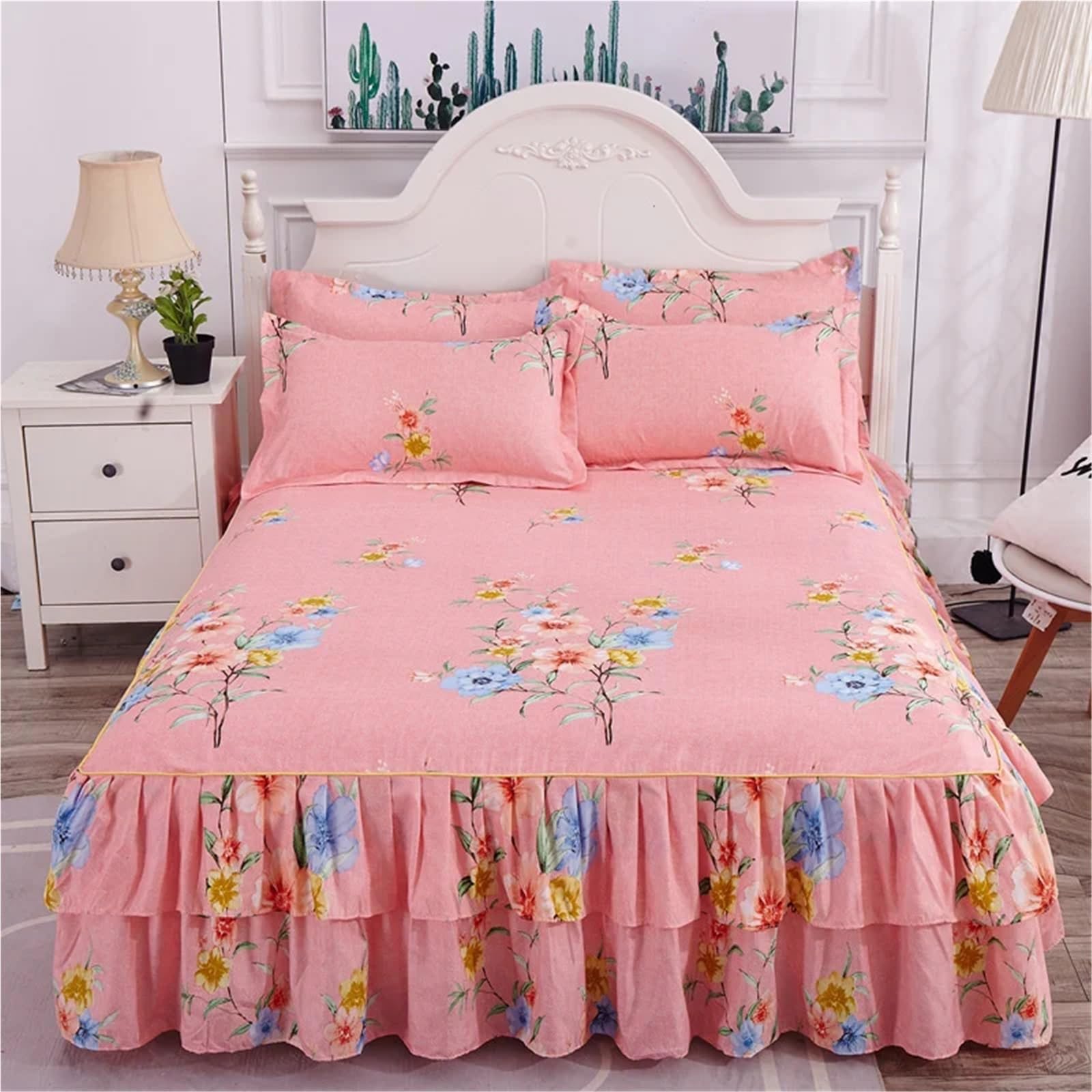 3pcs Bedding Simple Flower Bed Skirt With Pillowcases Wedding Bedspread Bed Sheet Mattress Cover(Color-15,3pcs 180x200cm)