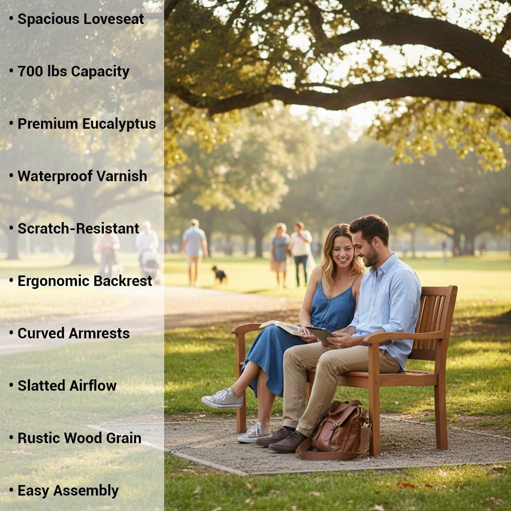 50 Inch Rectangular Outdoor Wood Bench | Eucalyptus Garden Bench with 710 lb Capacity | 2-Person Porch Loveseat with Curved Armrests & Ergonomic Backrest for Patio & Daily Use, Teak