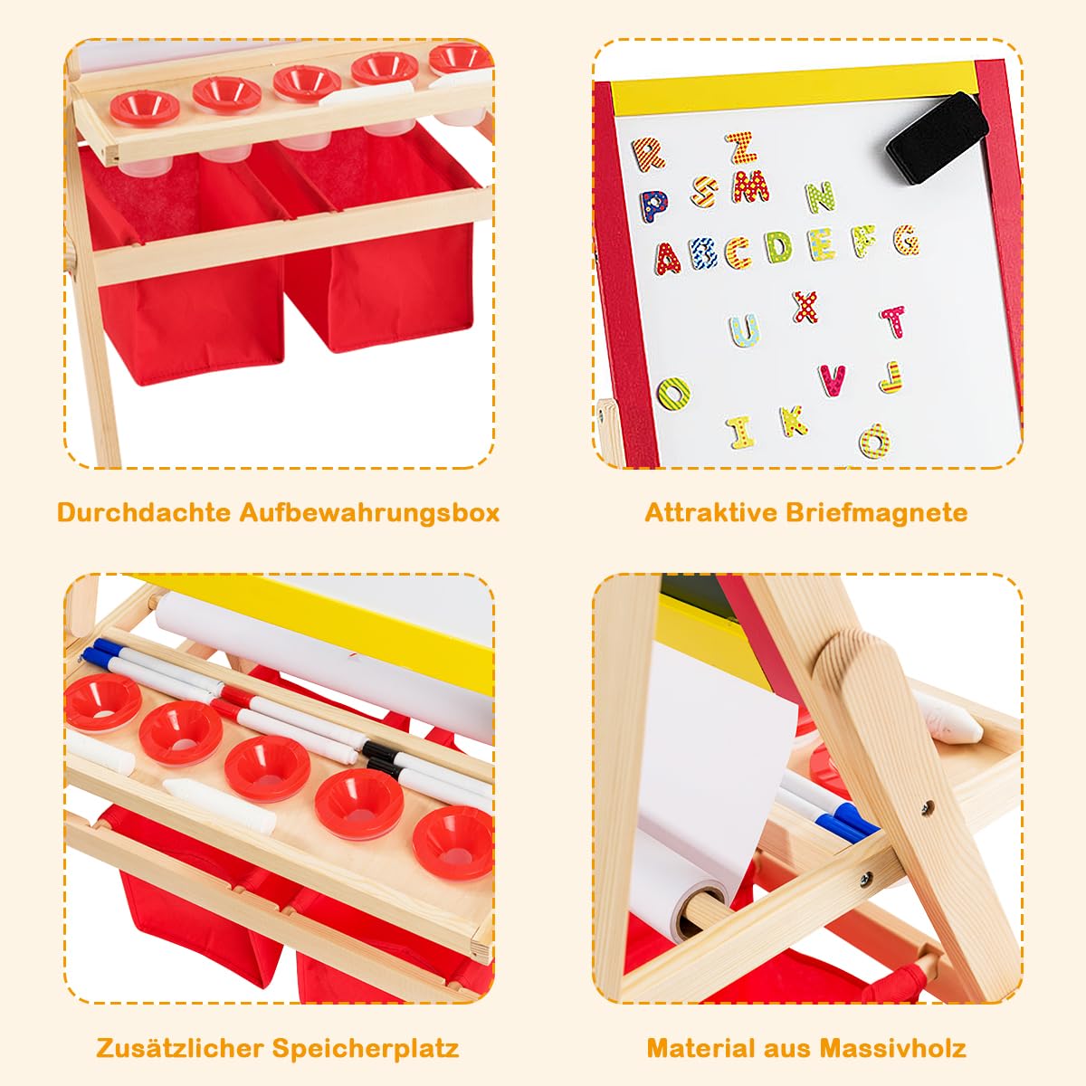 COSTWAY Sztaluga dziecięca 3 w 1, tablica dla dzieci z tablicą suchościeralną, tablicą do pisania kredą i rolką papierową, dwustronna, drewniana tablica do zabawy, w zestawie 2 pudełka do
