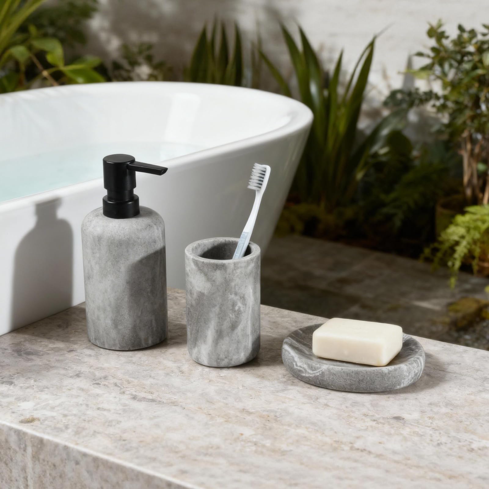 Set Bagno 3 Pezzi In Resina Bianco – Dispenser Sapone, Portasapone E Portaspazzolino – Accessori Eleganti E Moderni - 2