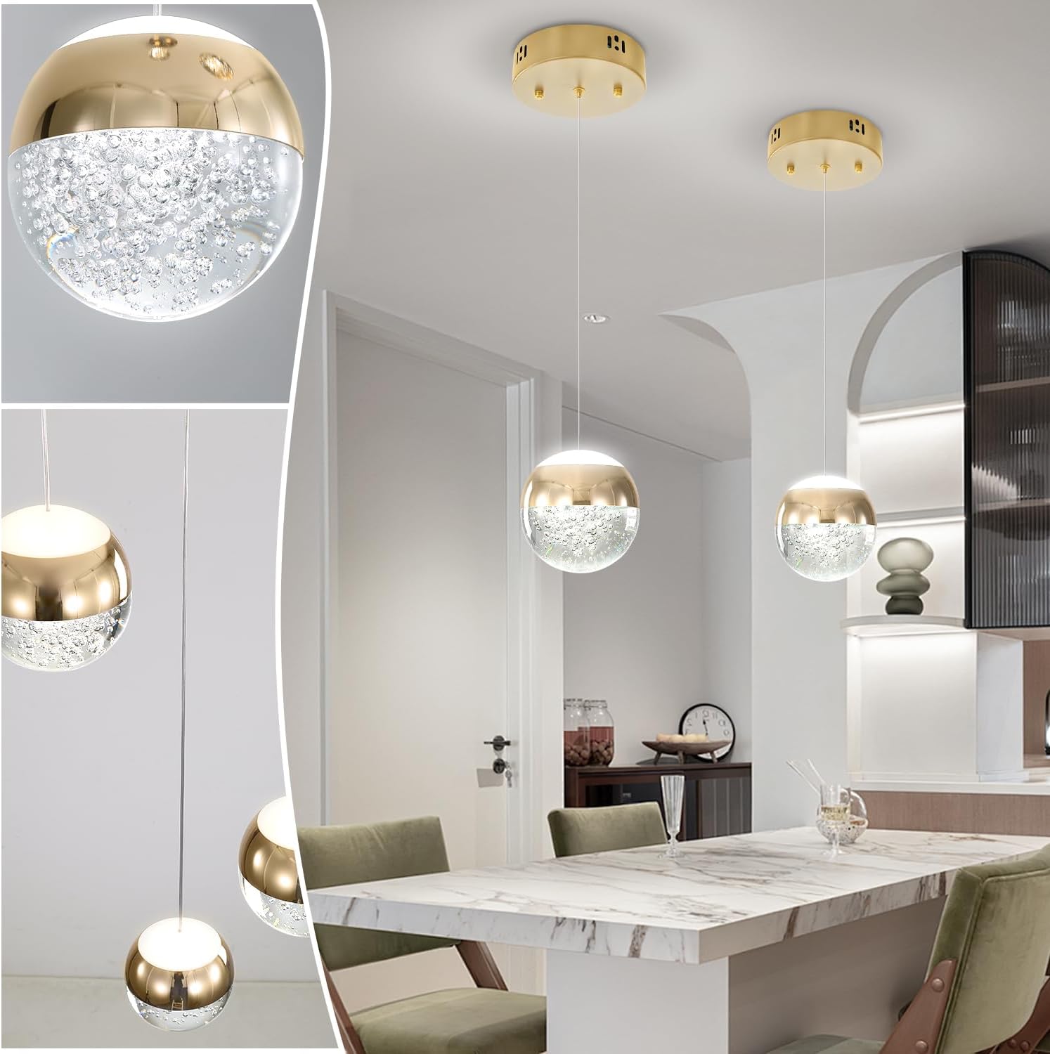 Pendant Lighting for Kitchen Island,1-Light Crystal Globe Chandelier,Gold Mini Globe Ceiling Hanging Light Fixture for Living Room Bedroom Kitchen Gold 1-Light