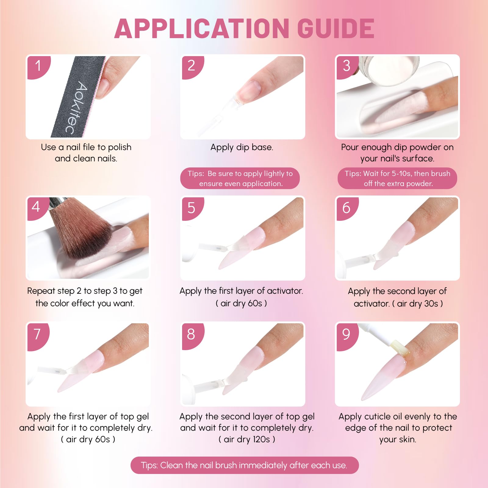 Aokitec Kit de uñas en polvo de inmersión, 15 piezas, polvo de inmersión rosa con activador de base líquida de inmersión, gel superior para iniciación de manicura, regalo para mujeres y niñas