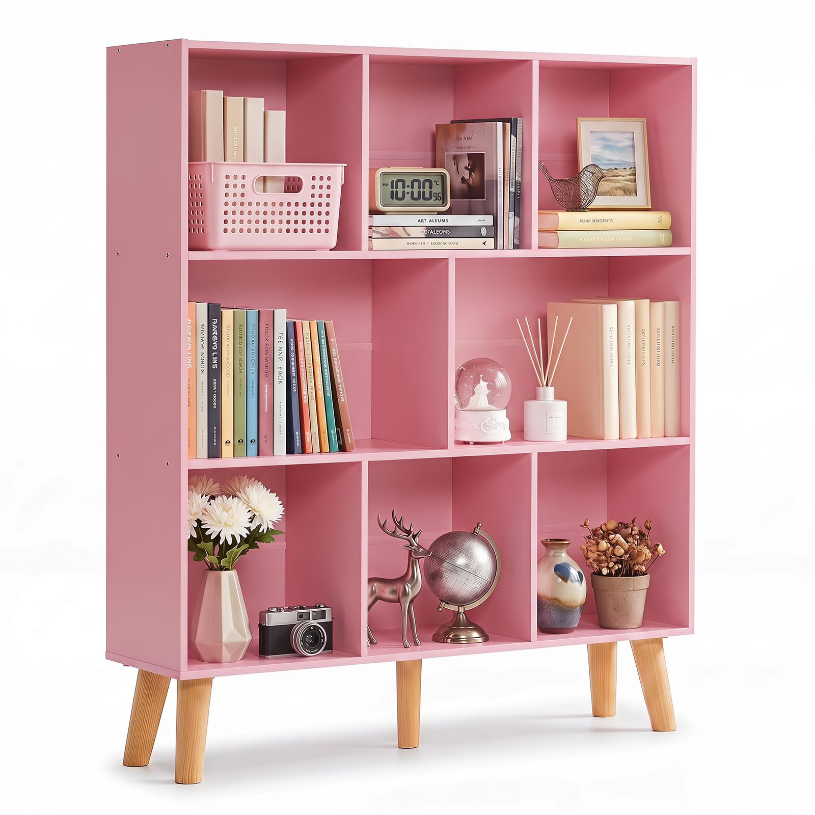 YAHARBO 8 Cube Bookshelf,3 Tier Bookcase with Legs,Light Pink Mid-Century Modern Bookshelves,Large Free Standing Open Storage Organizer Shelf,Tall Wooden Book Case Furniture for Bedroom,Living Room