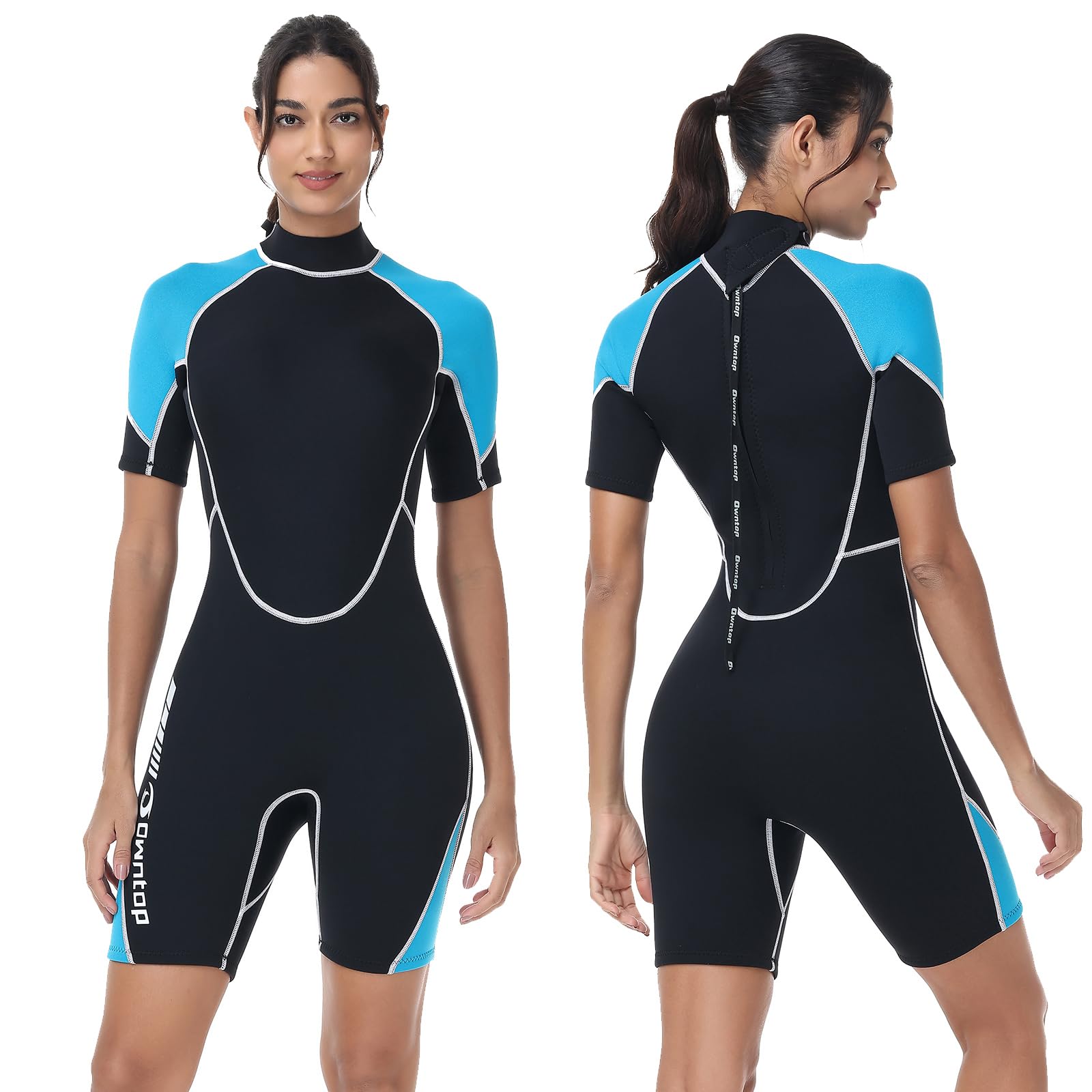 Owntop 1.5mm Shorty Wetsuit Men Women - Back Zip Wet Suit for Diving Surfing, Short Sleeve Diving Suits Stretch Neoprene for Water Sports, Women Blue XXL