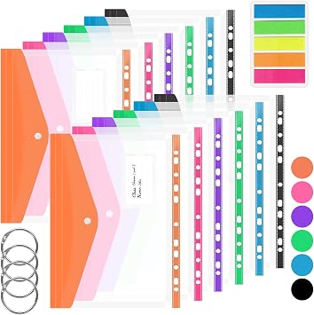 A4 Plastic Wallets   12 Pack Punched Pockets Expandable Document Folders with Button, Colorful Punched Pockets, Tab Card & 4-Ring Binders for School, Office, Home, and Travel Horizontal