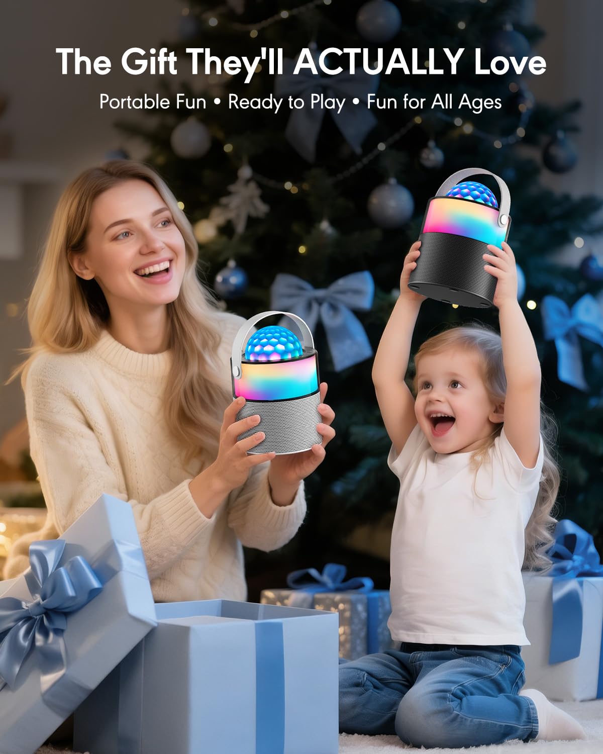 Máquina de karaoke, mini altavoz Bluetooth portátil inalámbrico con 2 micrófonos inalámbricos para adultos y niños, máquina de canto, luces LED de discoteca para viajes, niñas, niños, regalos
