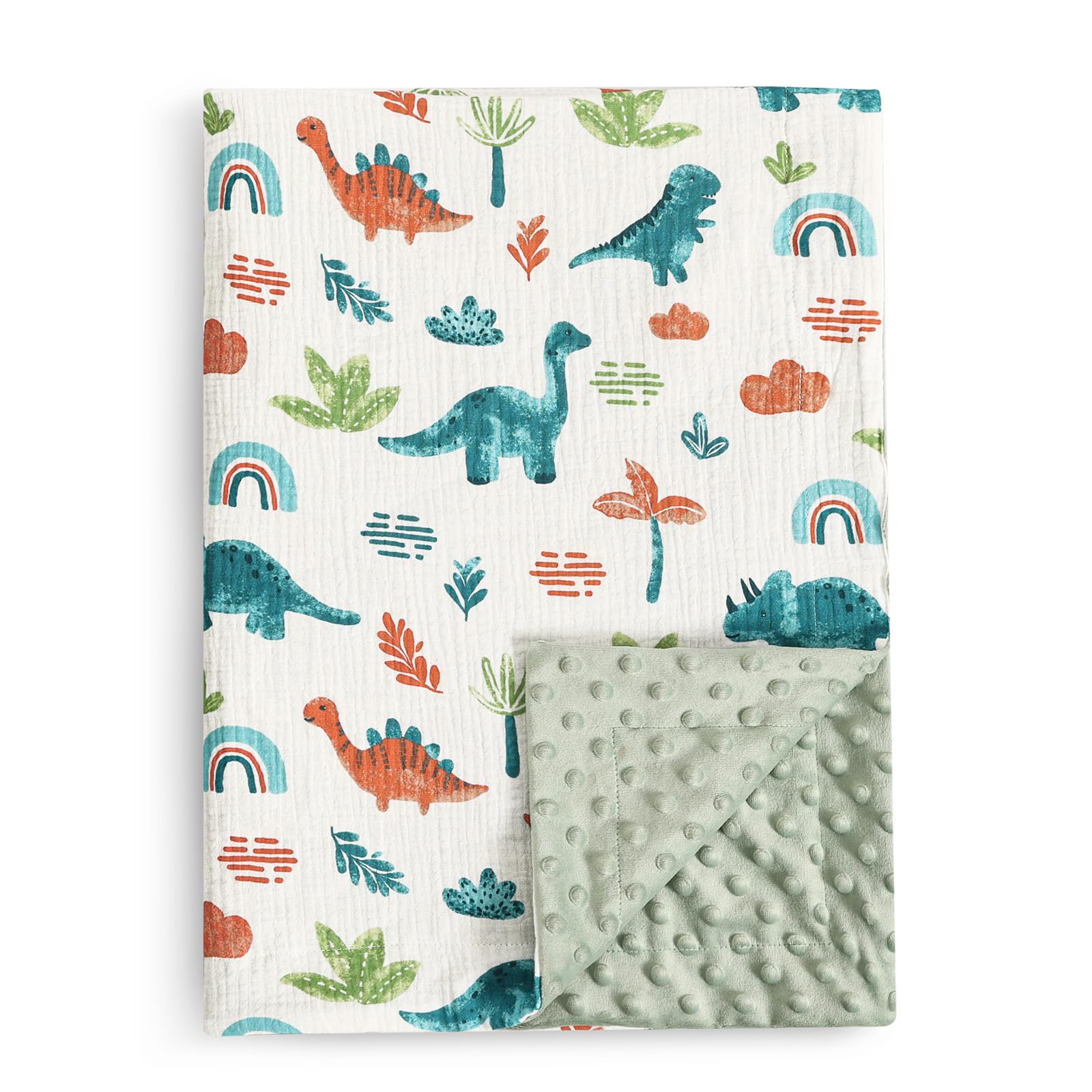 david's kids muslin minky baby blanket for boys girls with muslin cotton front and dotted fleece backing, breathable and soft lightweight receiving blanket for newborns, 30x40 inches, dinosaur