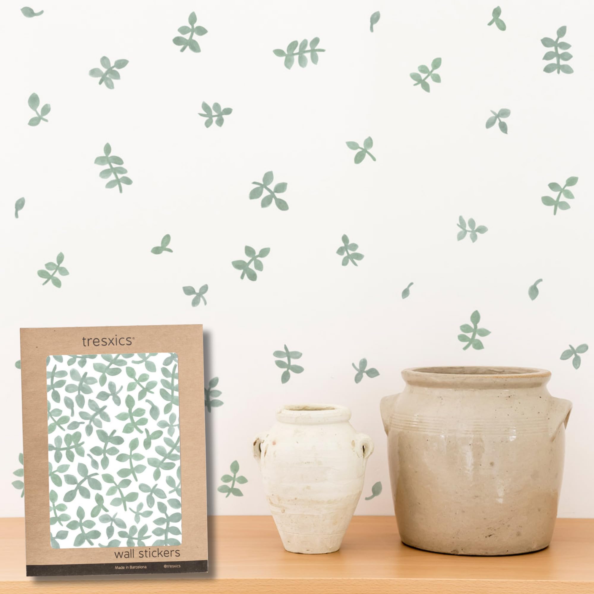 Adesivi Murali Bambini | Adesivi Cameretta Bambino Bimba Foglie Acquerello | Effetto Carta da Parati Adesiva | Copre 6 m² | 160 pezzi | TRESXICS (Verde)
