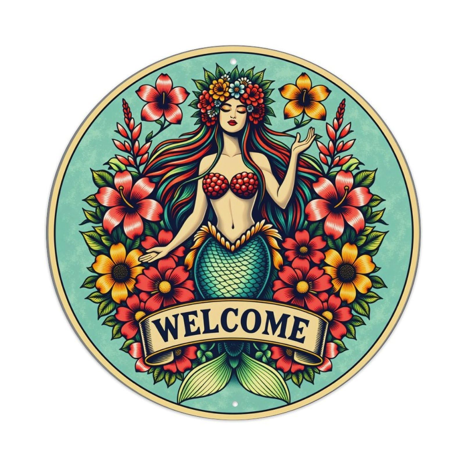 Mermaid With Flowers And Welcome Banner Round Vintage Tin Sign,Retro Wall Art,Metal Poster for Home, Bar, Garage, Cafe, Rustic Indoor & Outdoor Decor, 8x8 Inches