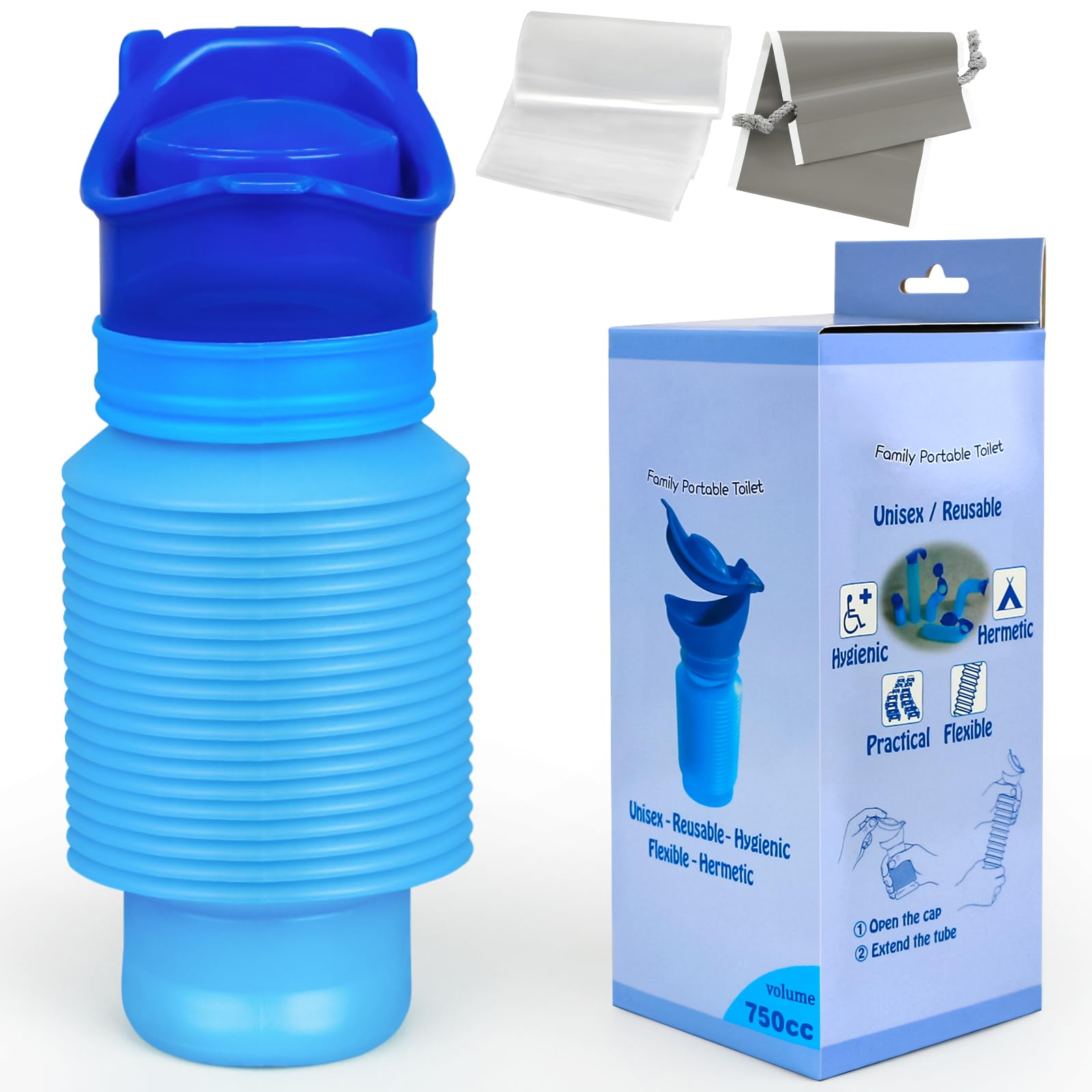 Portable Foldable Urinal, Unisex Collapsible Pee Bottle for Travel & Emergency, 750ml, Reusable, Leakproof, with Disposable Bags - Ideal for Road Trips, Camping, Traffic Jams-image-0