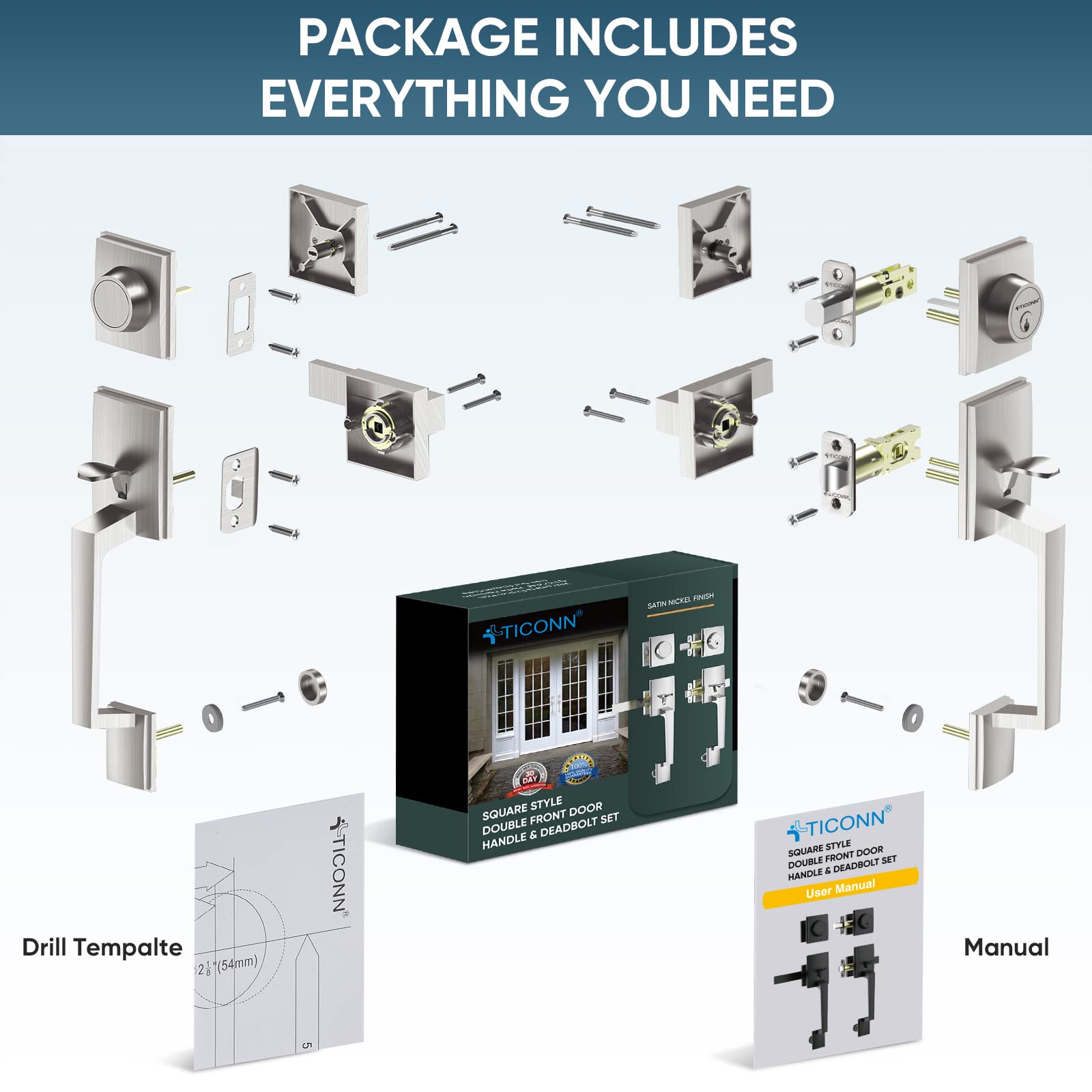 TICONN Double Front Door Handle Set, Heavy Duty Square Door Lever and Single Cylinder Deadbolt Combo for Side by Side Entrance Exterior Doors (Satin Nickel)