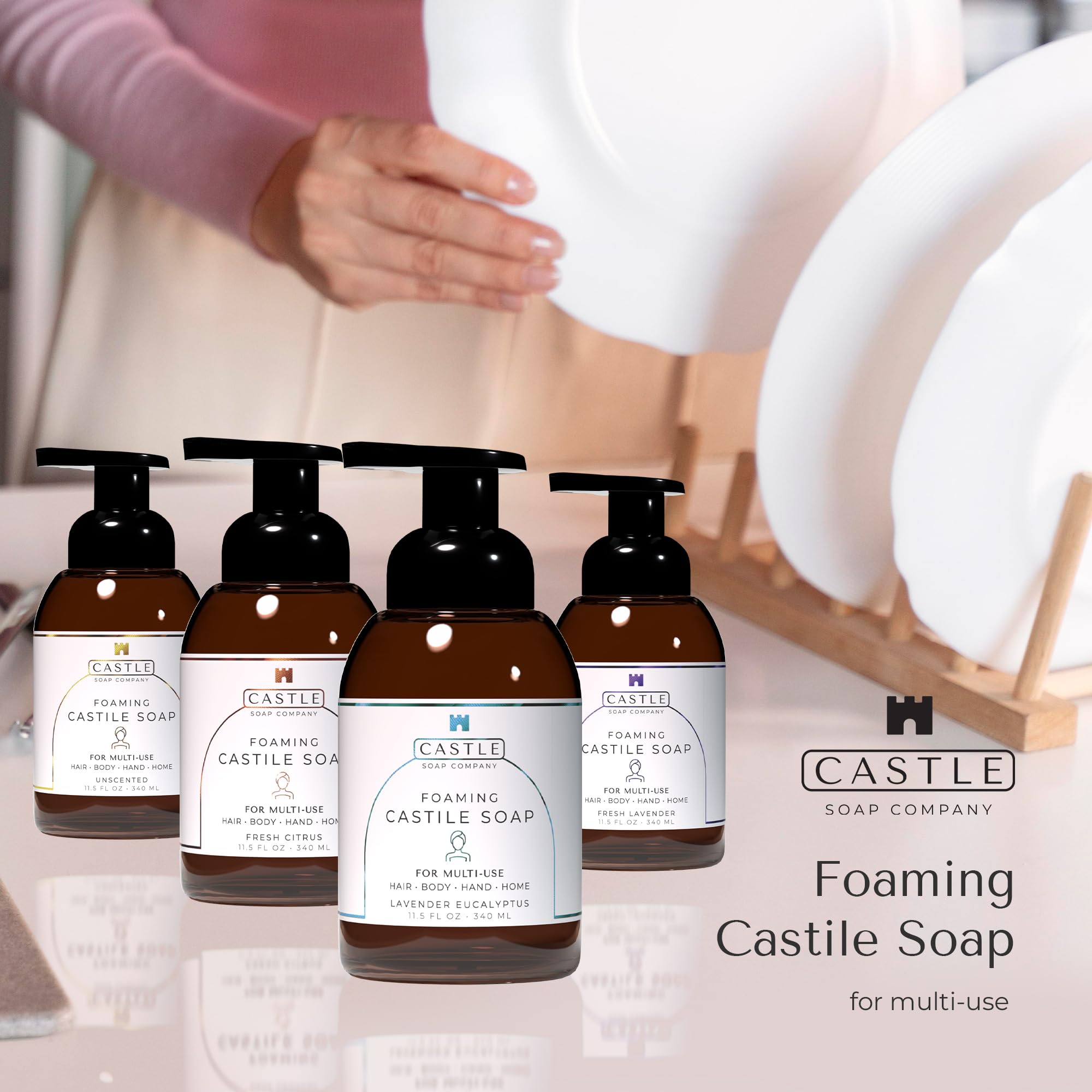 Castle Soap All-Purpose Foaming Castile Soap | Multi-Use Gentle Cleanser for Hair, Body, Hands & Home | Nourishing Coconut Oil Formula | Sensitive Skin Friendly | Hydrating | 11.5 oz | Fresh Lavender