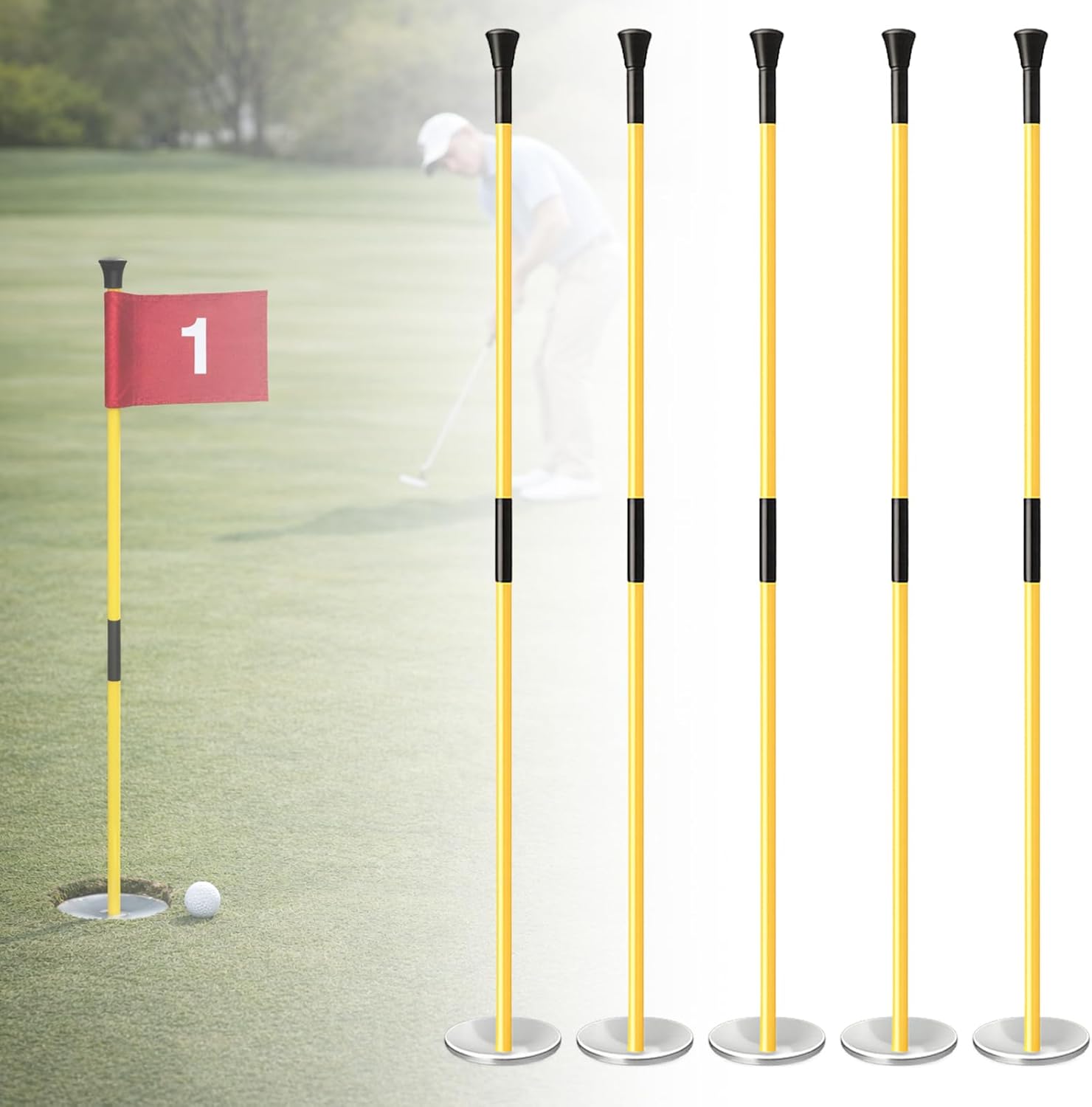 Golf Flagstick with Ball Retrieval Base - Portable Putting Green Flag Stick for Yard, Practice Green, Club, Driving Range, 3FT Height, 5 Pcs