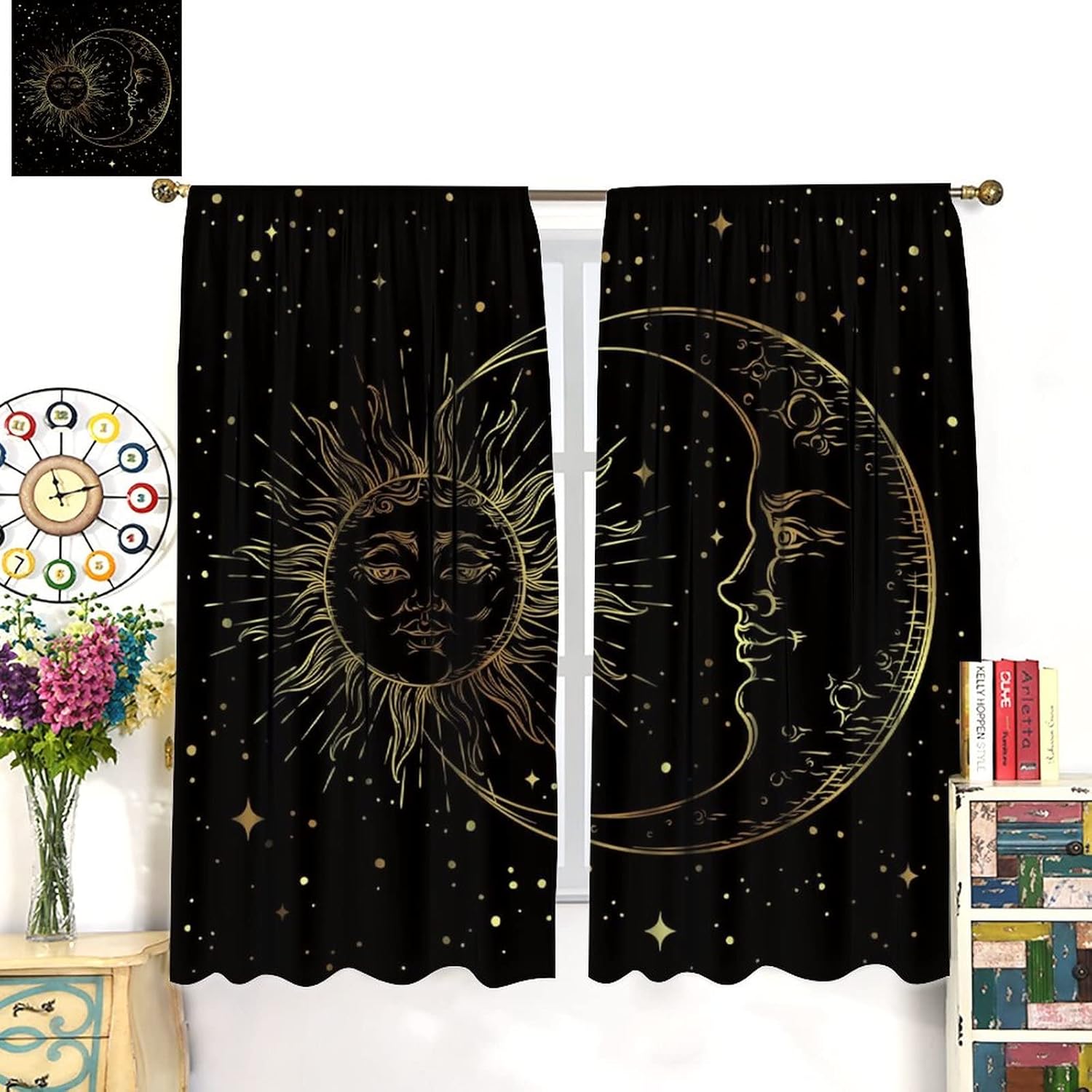 Gold Sun and Moon Blackout Windows Curtains, Fantasy Mandala Bohemian Universe Galaxy Printed Curtains, for Living Room Bedroom 42x63in 2 Panels