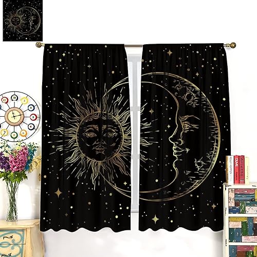 Miniatura 3 de Cortinas opacas doradas de sol y luna, diseño de mandala de fantasía, universo bohemio, galaxia, para sala de estar, dormitorio, 42 x 45 pulgadas, 2