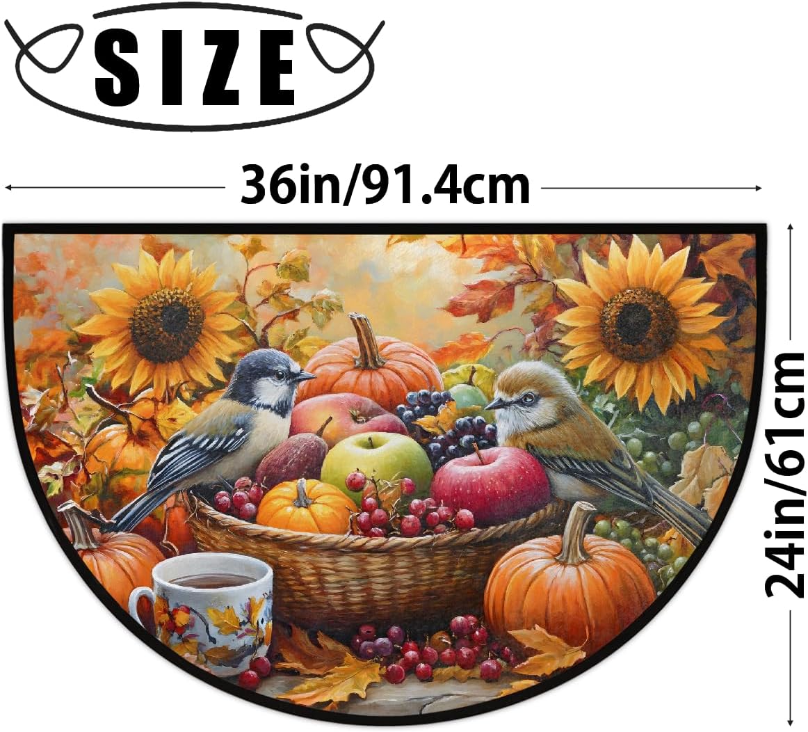 Thanksgiving Pumpkin Flowers Half Round Door Mat Autumn Non Slip Washable Semi Circle Area Rug Absorbent Soft Half Moon Rug Floor Mat for Indoor Outdoor Kitchen Bathroom Patio Front Door Mat Decor