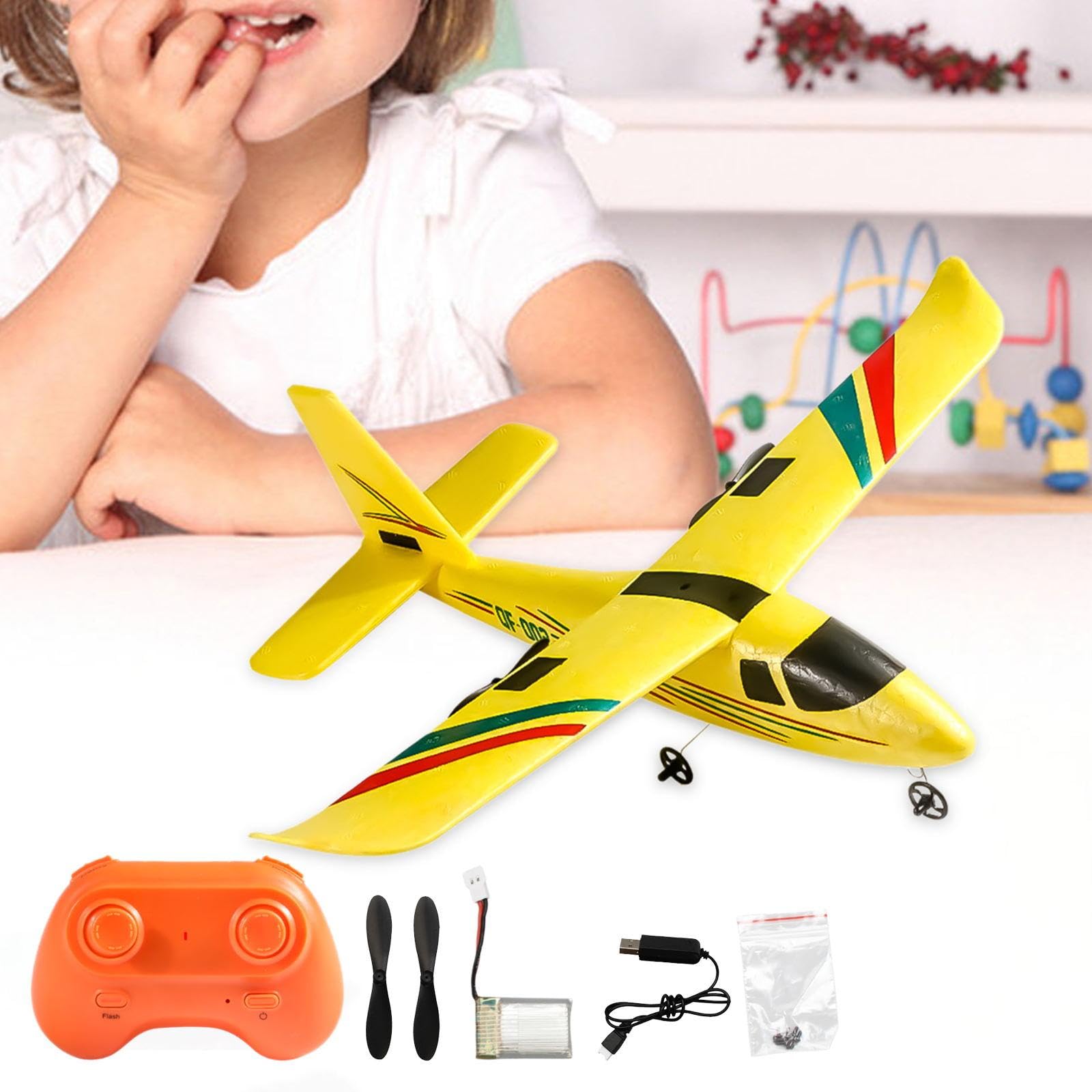 Aereo Radiocomandato Telecomandato Giocattolo Rc Due Canali Struttura in Schiuma Resistente Facile Uso per Principianti Bambini Adulti Regalo, 1 Batteria Gialla