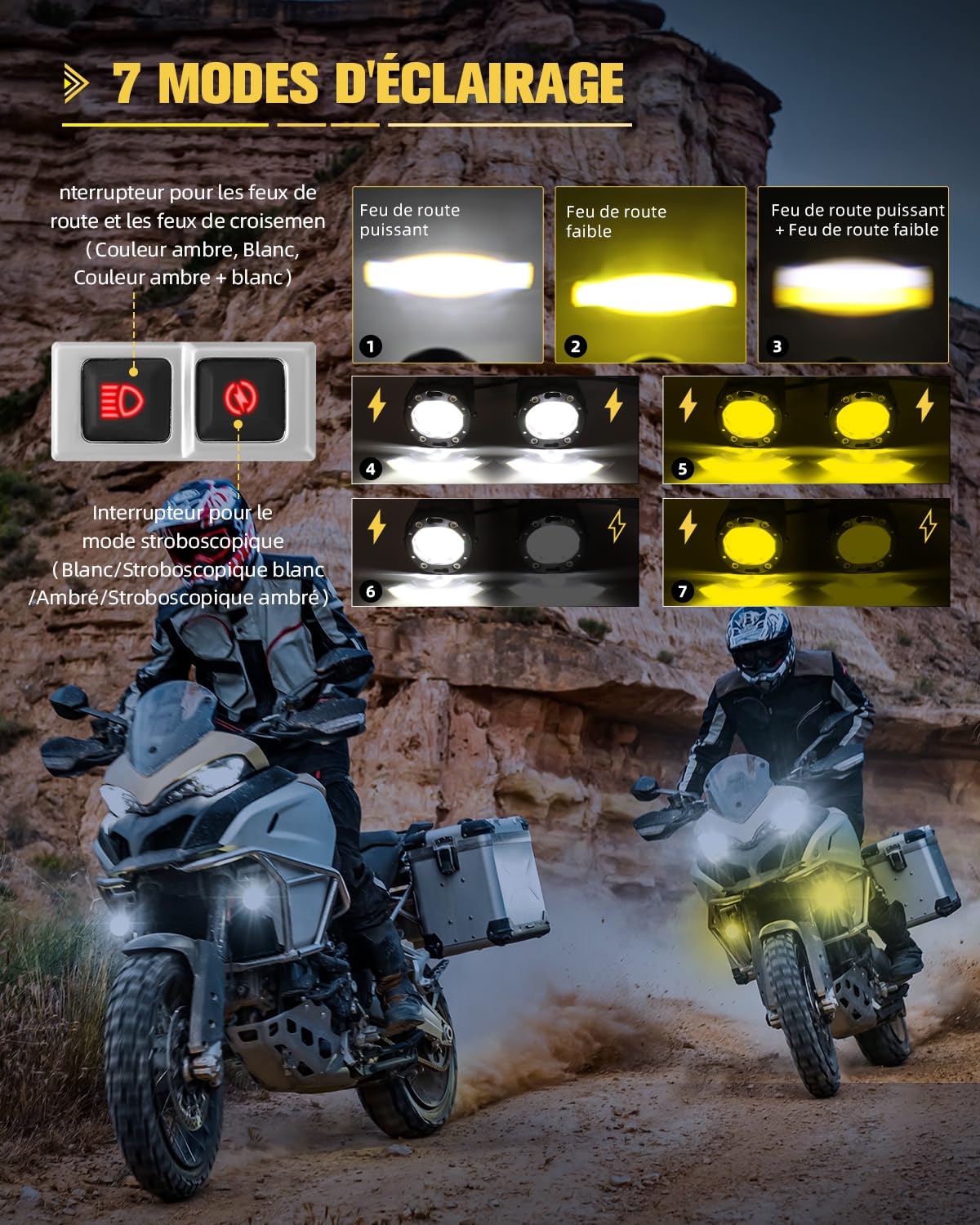BraveWAY 70W 35000LM Feux Antibrouillard Moto, Feux Additionnels Moto 7 Modes Stroboscopiques de Conduite Avec Auxiliaire Blanc Ambre Kit de Faisceau de Câbles Plug and Play et 2 Supports de Montage