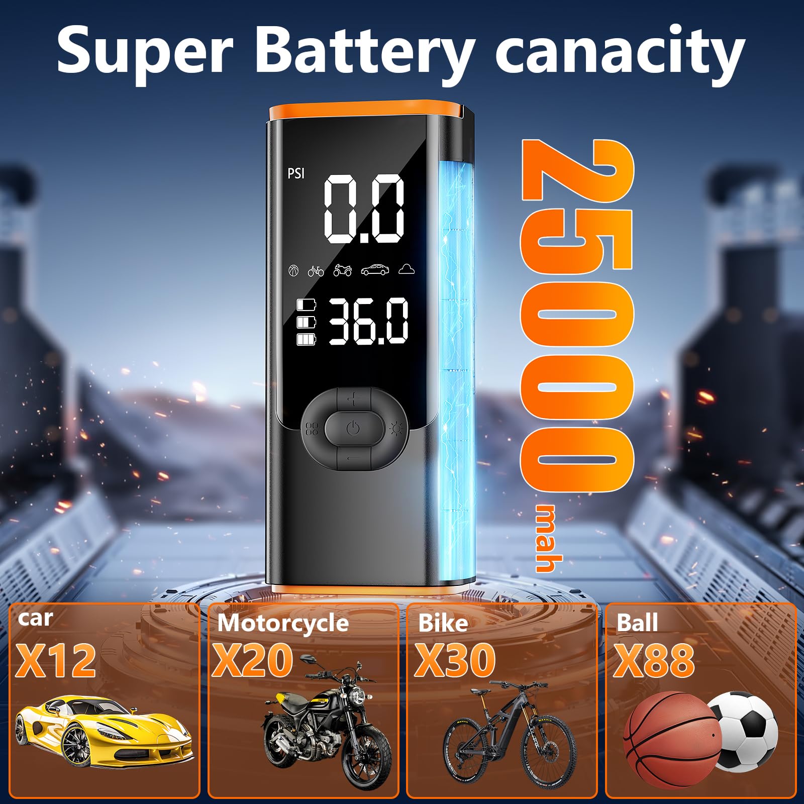 Portable Tire Inflator Air Compressor – 25000mAh Battery, 180 PSI, 3X Faster For Car & Bike